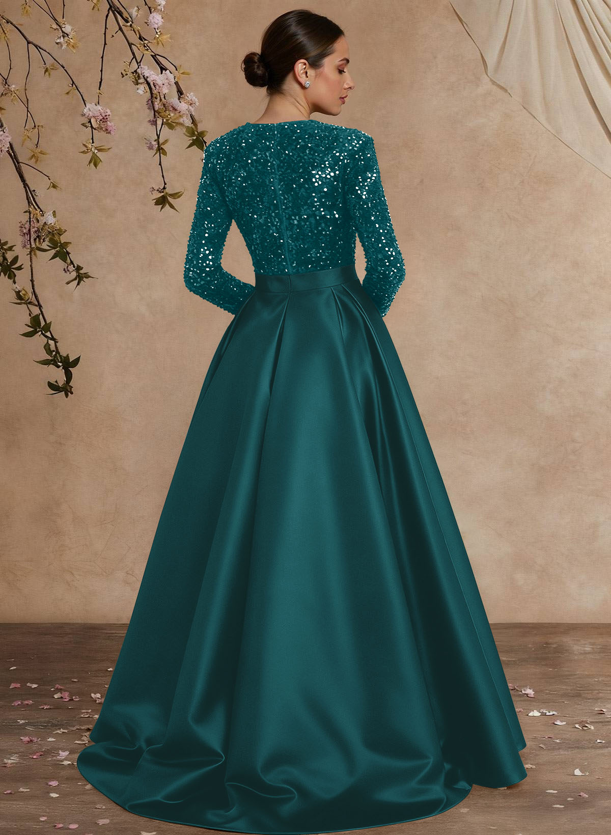 A-Line V-Neck Long Sleeves Floor-Length Satin Velvet Sequin Mother Of The Bride Dresses