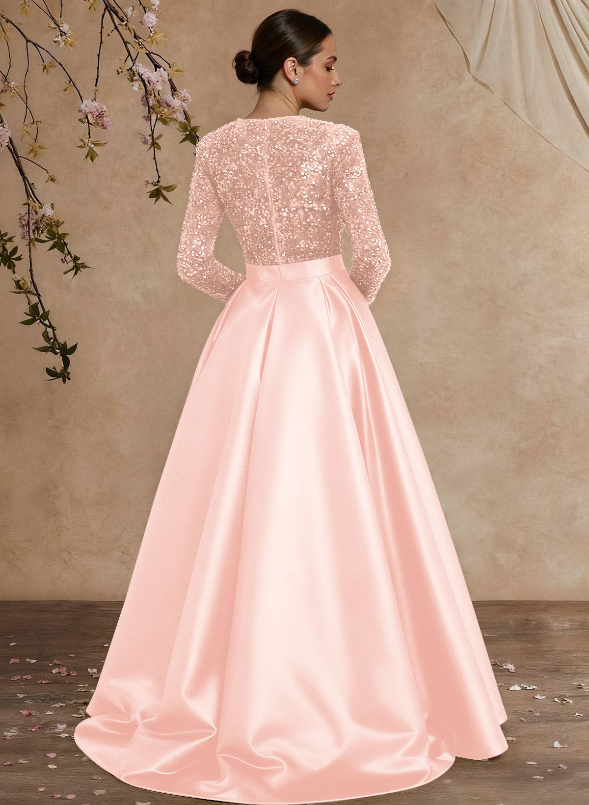 A-Line V-Neck Long Sleeves Floor-Length Satin Velvet Sequin Mother Of The Bride Dresses