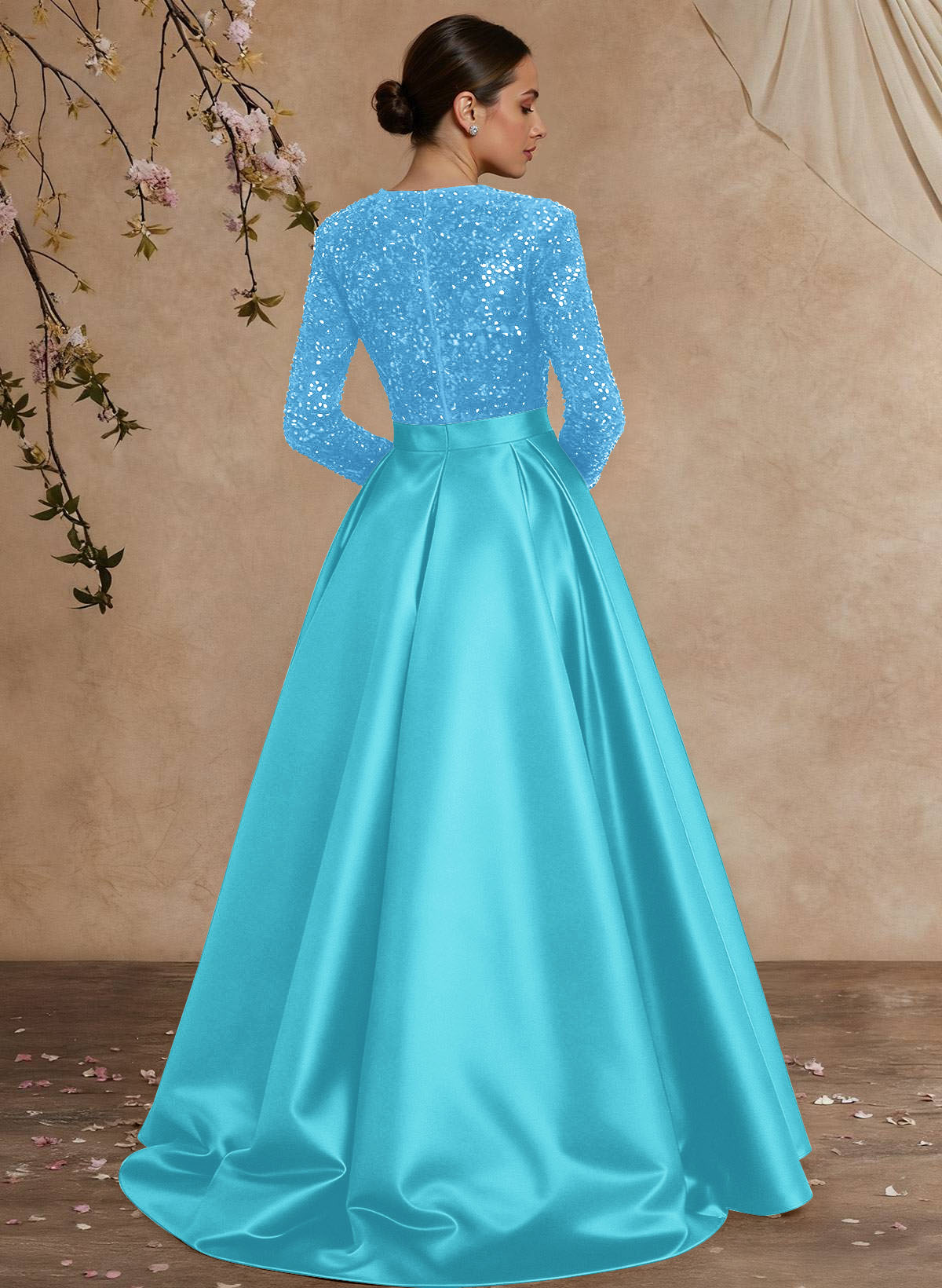 A-Line V-Neck Long Sleeves Floor-Length Satin Velvet Sequin Mother Of The Bride Dresses