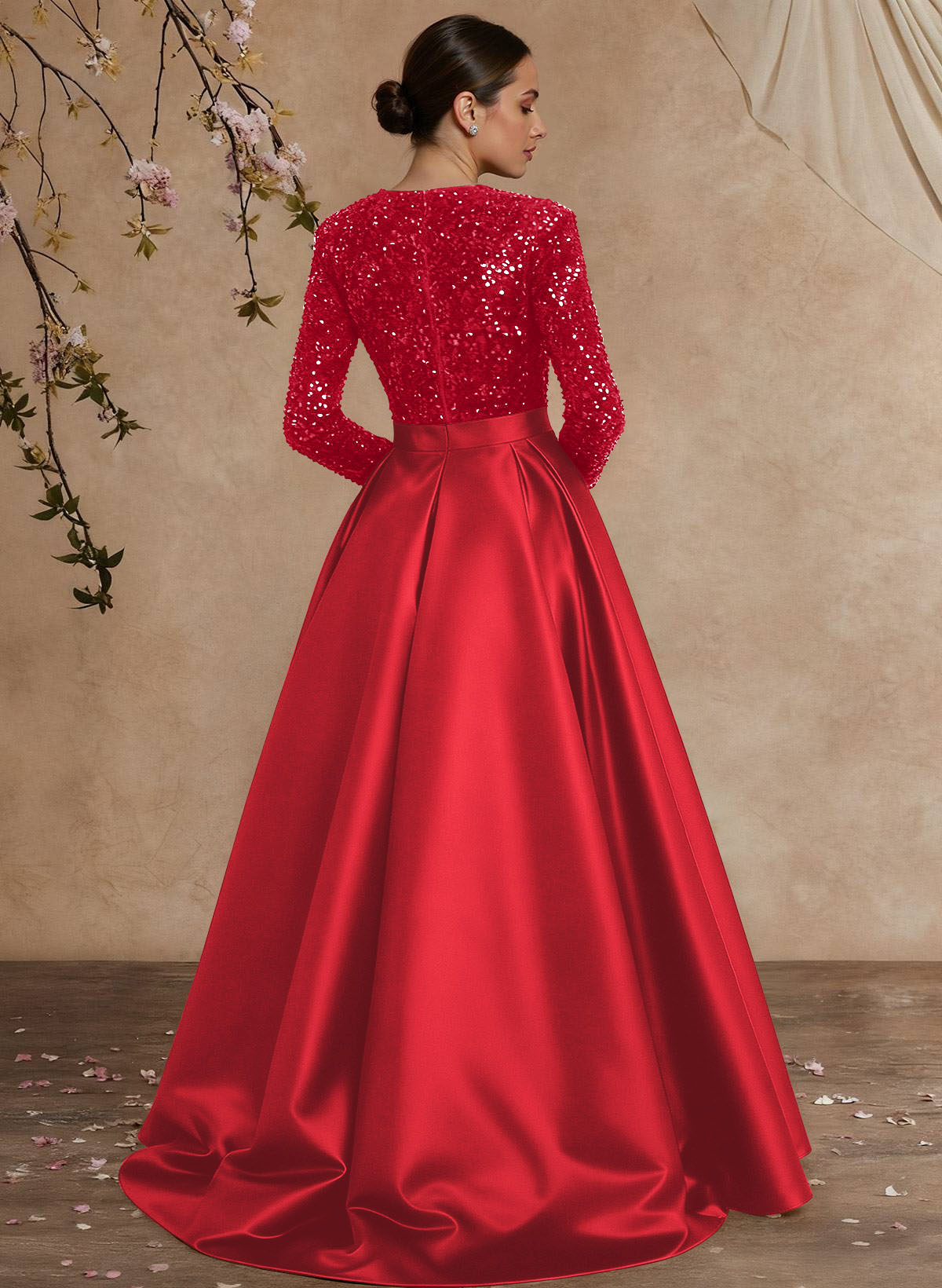 A-Line V-Neck Long Sleeves Floor-Length Satin Velvet Sequin Mother Of The Bride Dresses
