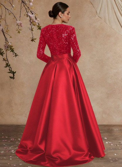 A-Line V-Neck Long Sleeves Floor-Length Satin Velvet Sequin Mother Of The Bride Dresses