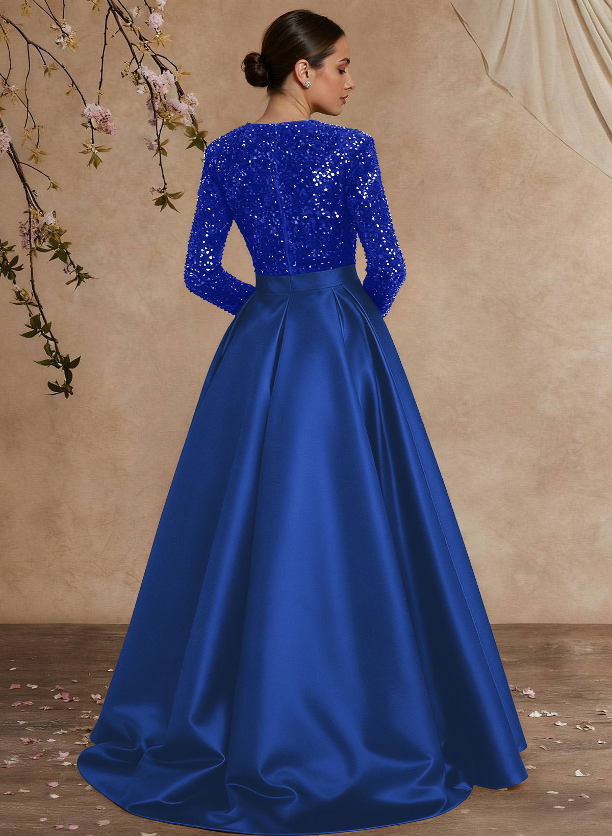 A-Line V-Neck Long Sleeves Floor-Length Satin Velvet Sequin Mother Of The Bride Dresses