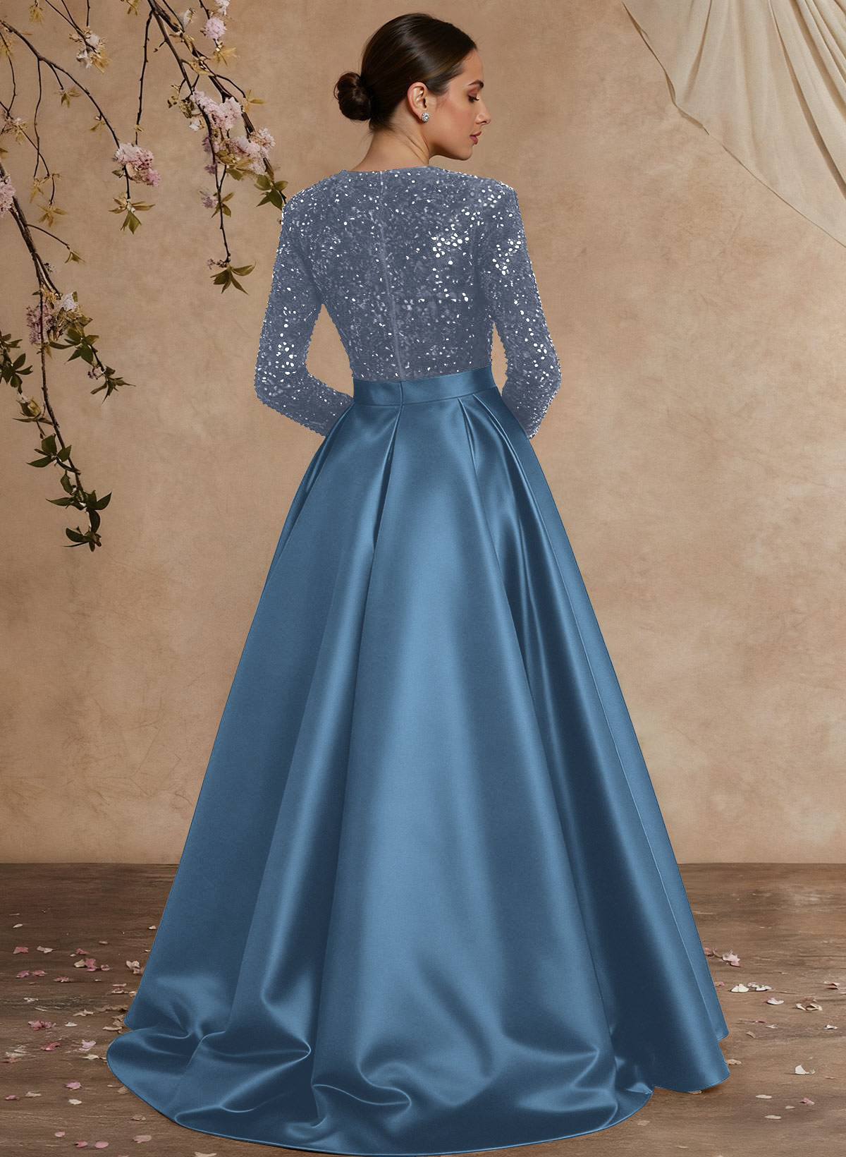 A-Line V-Neck Long Sleeves Floor-Length Satin Velvet Sequin Mother Of The Bride Dresses