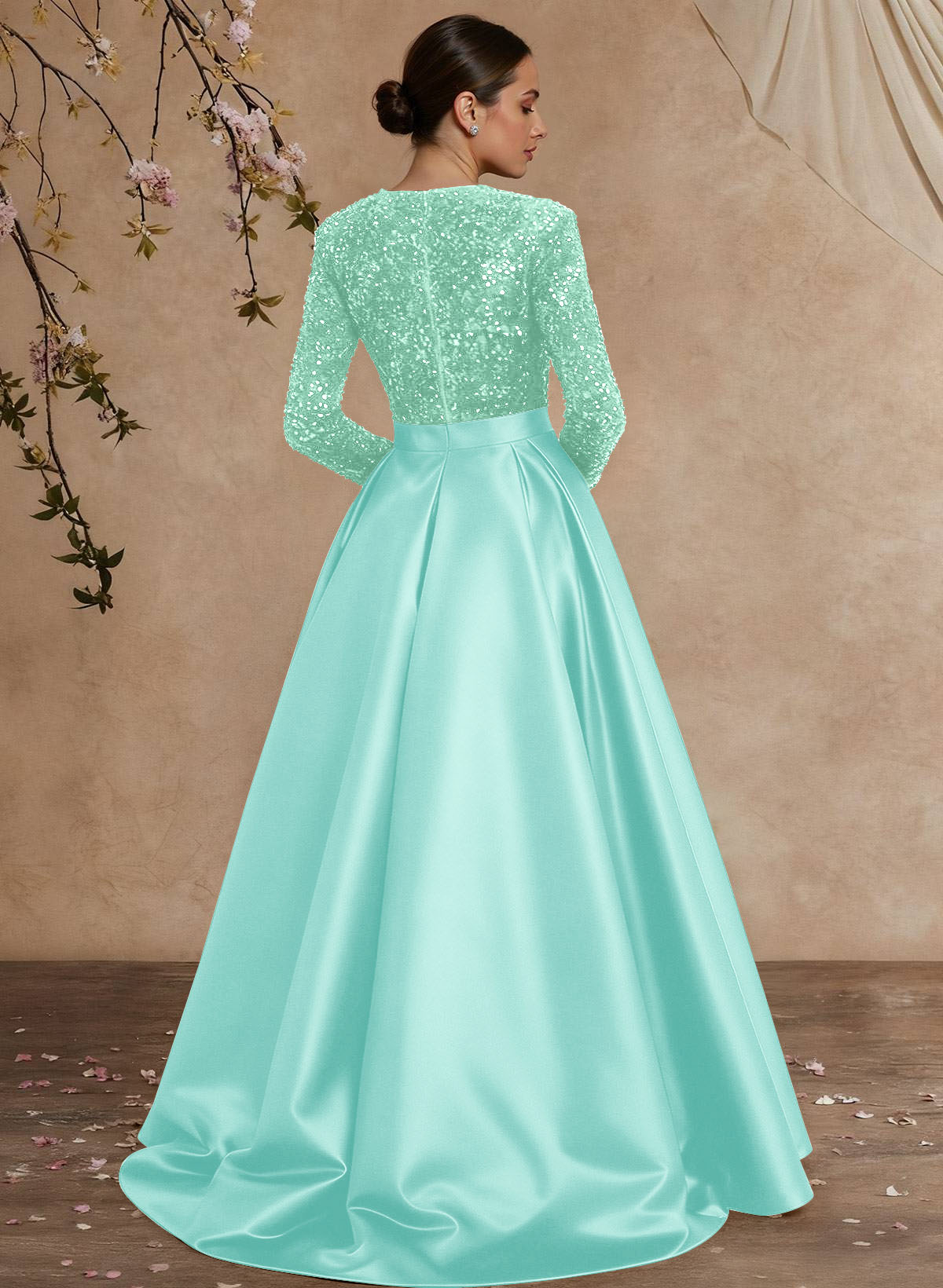 A-Line V-Neck Long Sleeves Floor-Length Satin Velvet Sequin Mother Of The Bride Dresses
