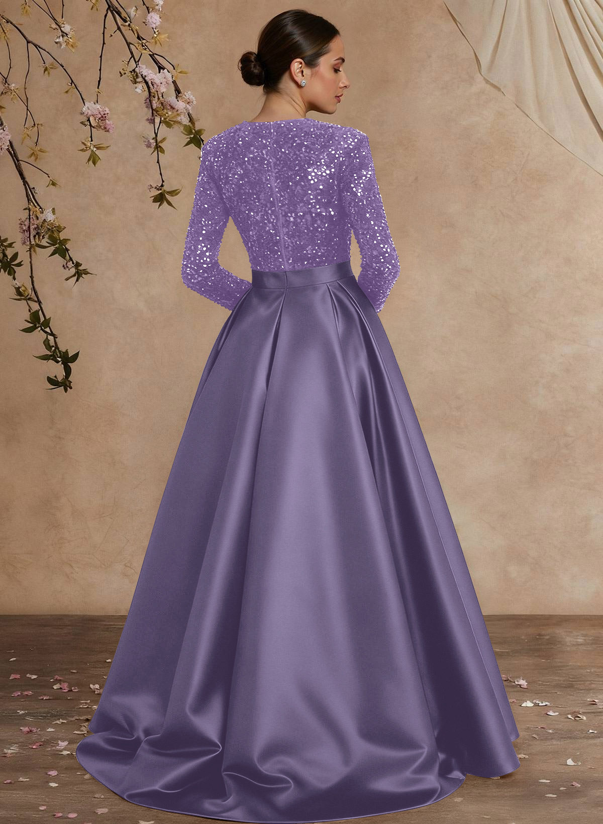 A-Line V-Neck Long Sleeves Floor-Length Satin Velvet Sequin Mother Of The Bride Dresses