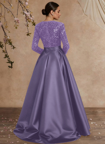 A-Line V-Neck Long Sleeves Floor-Length Satin Velvet Sequin Mother Of The Bride Dresses