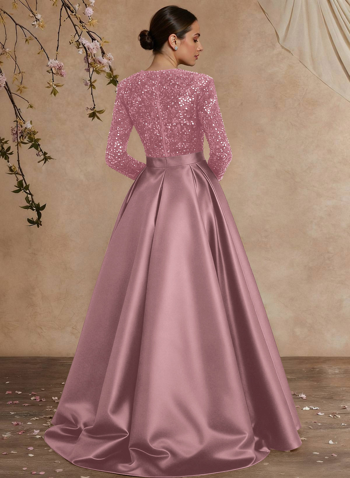 A-Line V-Neck Long Sleeves Floor-Length Satin Velvet Sequin Mother Of The Bride Dresses