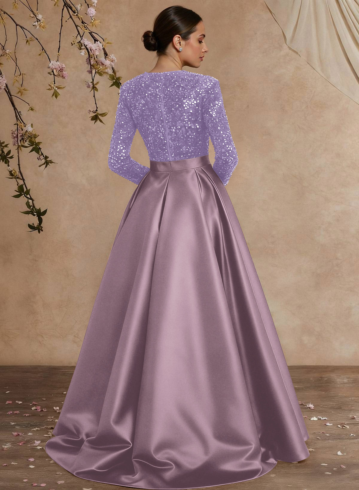 A-Line V-Neck Long Sleeves Floor-Length Satin Velvet Sequin Mother Of The Bride Dresses
