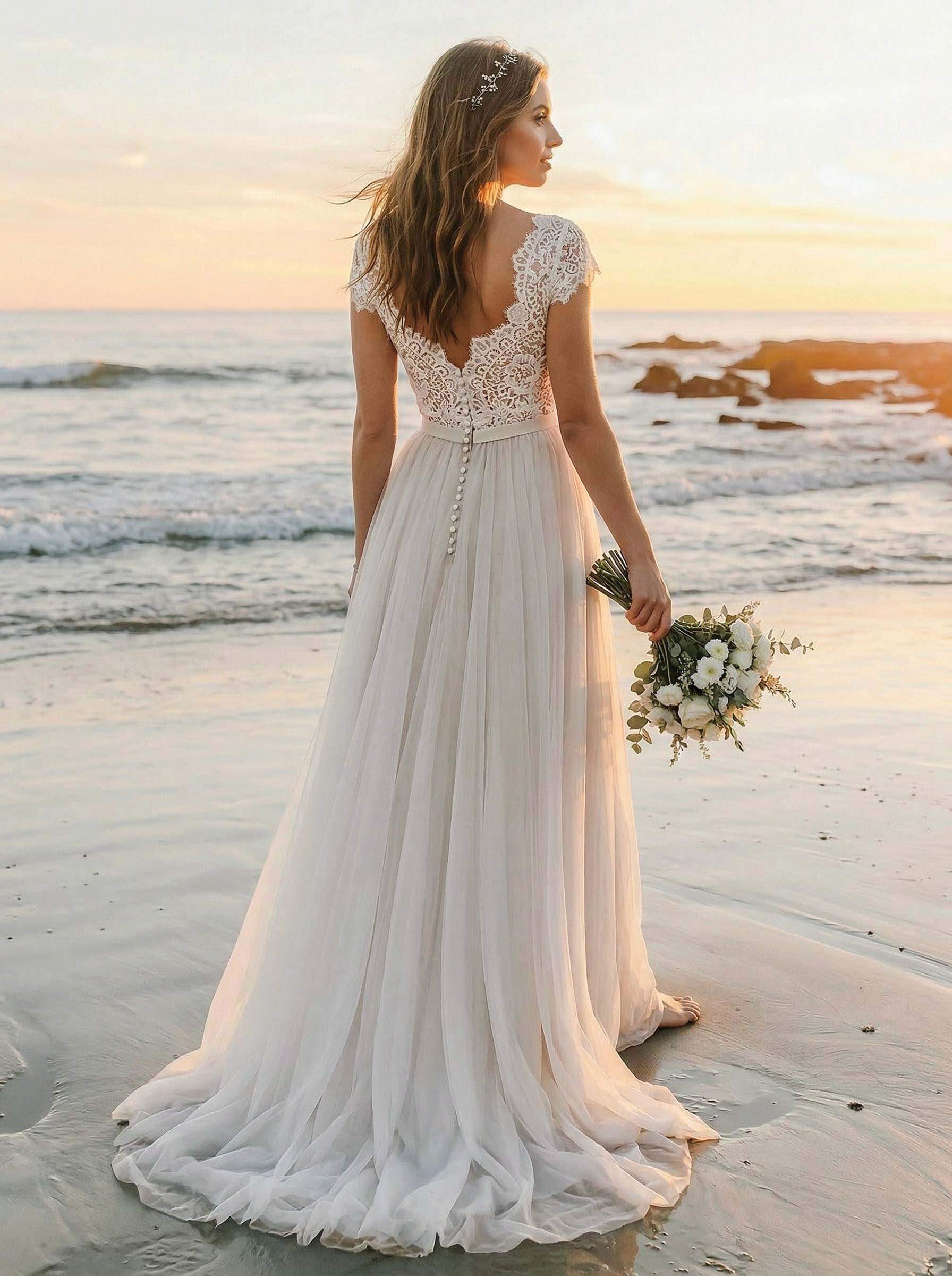A-Line V-Neck Sleeveless Sweep Train Tulle Bridesmaid Dresses With Lace, product image 2