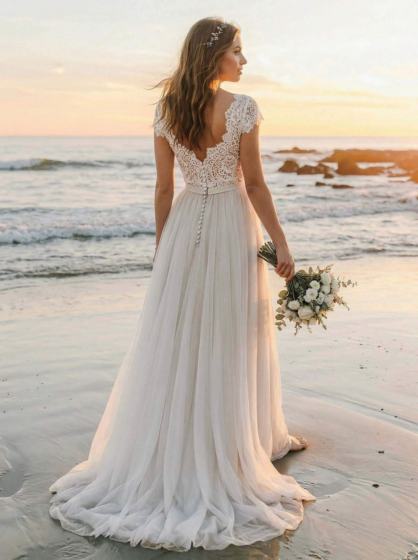 A-Line V-Neck Sleeveless Sweep Train Tulle Bridesmaid Dresses With Lace, product image 2
