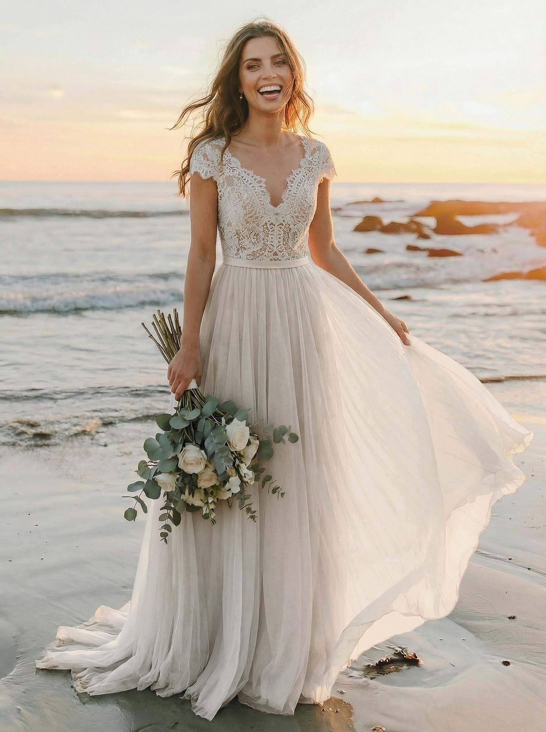 A-Line V-Neck Sleeveless Sweep Train Tulle Bridesmaid Dresses With Lace, product image 1