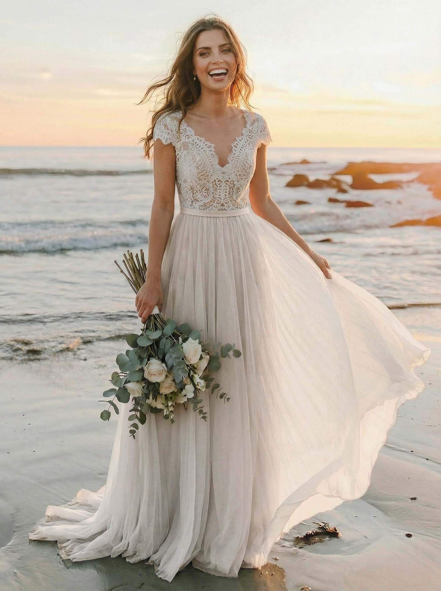 A-Line V-Neck Sleeveless Sweep Train Tulle Bridesmaid Dresses With Lace in As Picture, US2