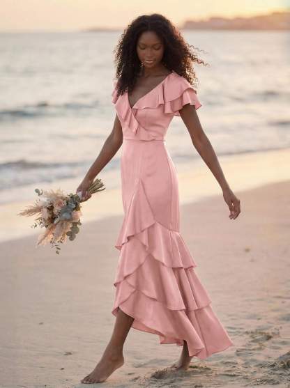 Trumpet/Mermaid V-Neck Short Sleeves Floor-Length Crepe Satin Bridesmaid Dresses