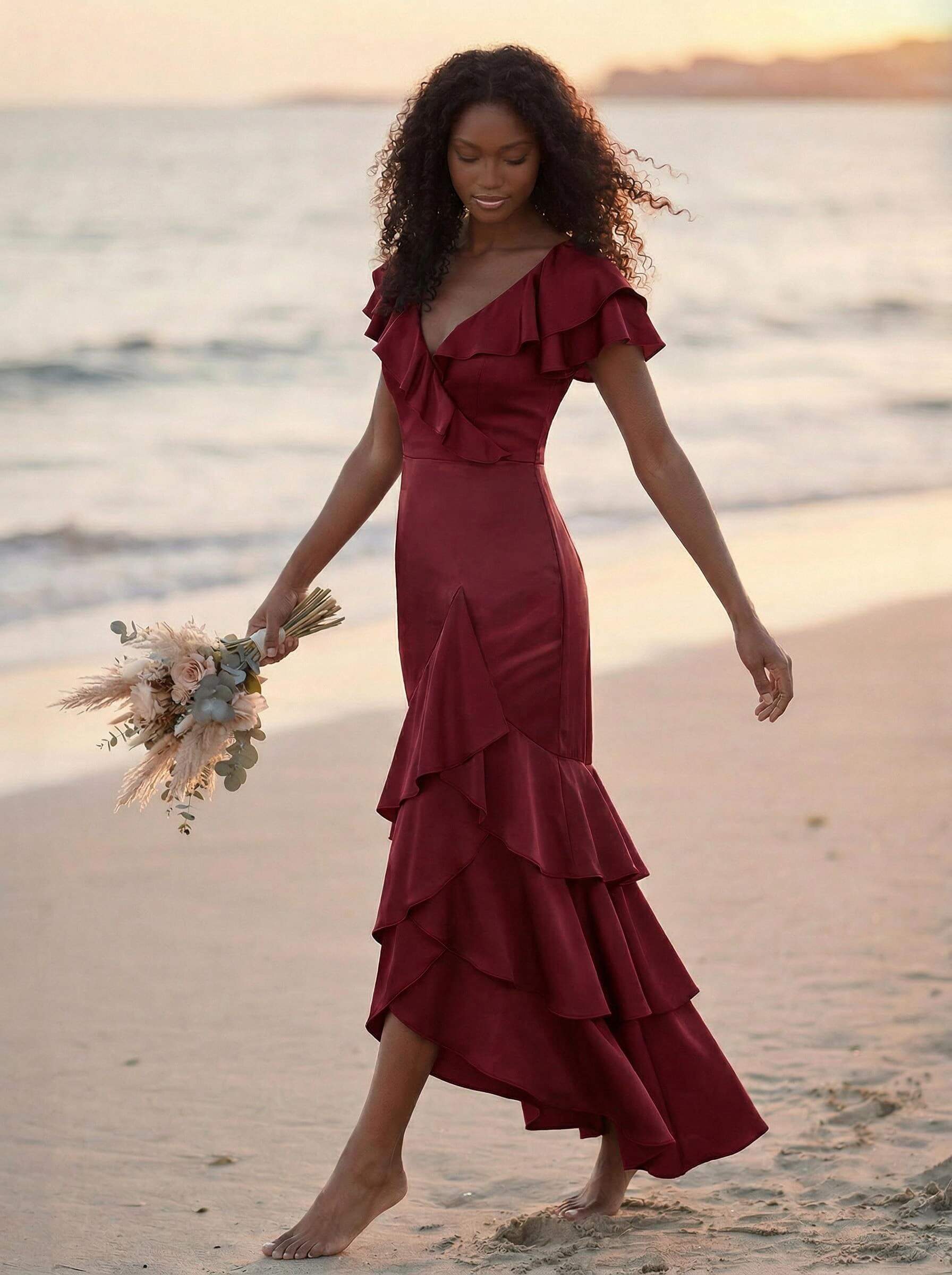 Trumpet/Mermaid V-Neck Short Sleeves Floor-Length Crepe Satin Bridesmaid Dresses