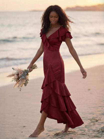 Trumpet/Mermaid V-Neck Short Sleeves Floor-Length Crepe Satin Bridesmaid Dresses