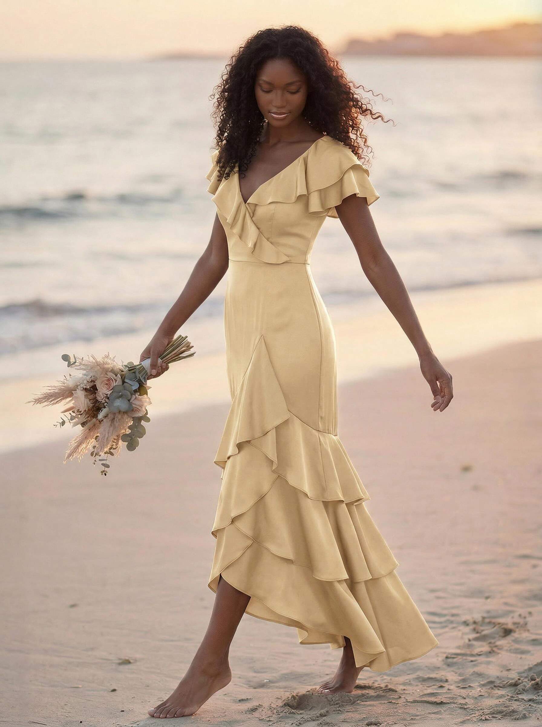 Trumpet/Mermaid V-Neck Short Sleeves Floor-Length Crepe Satin Bridesmaid Dresses