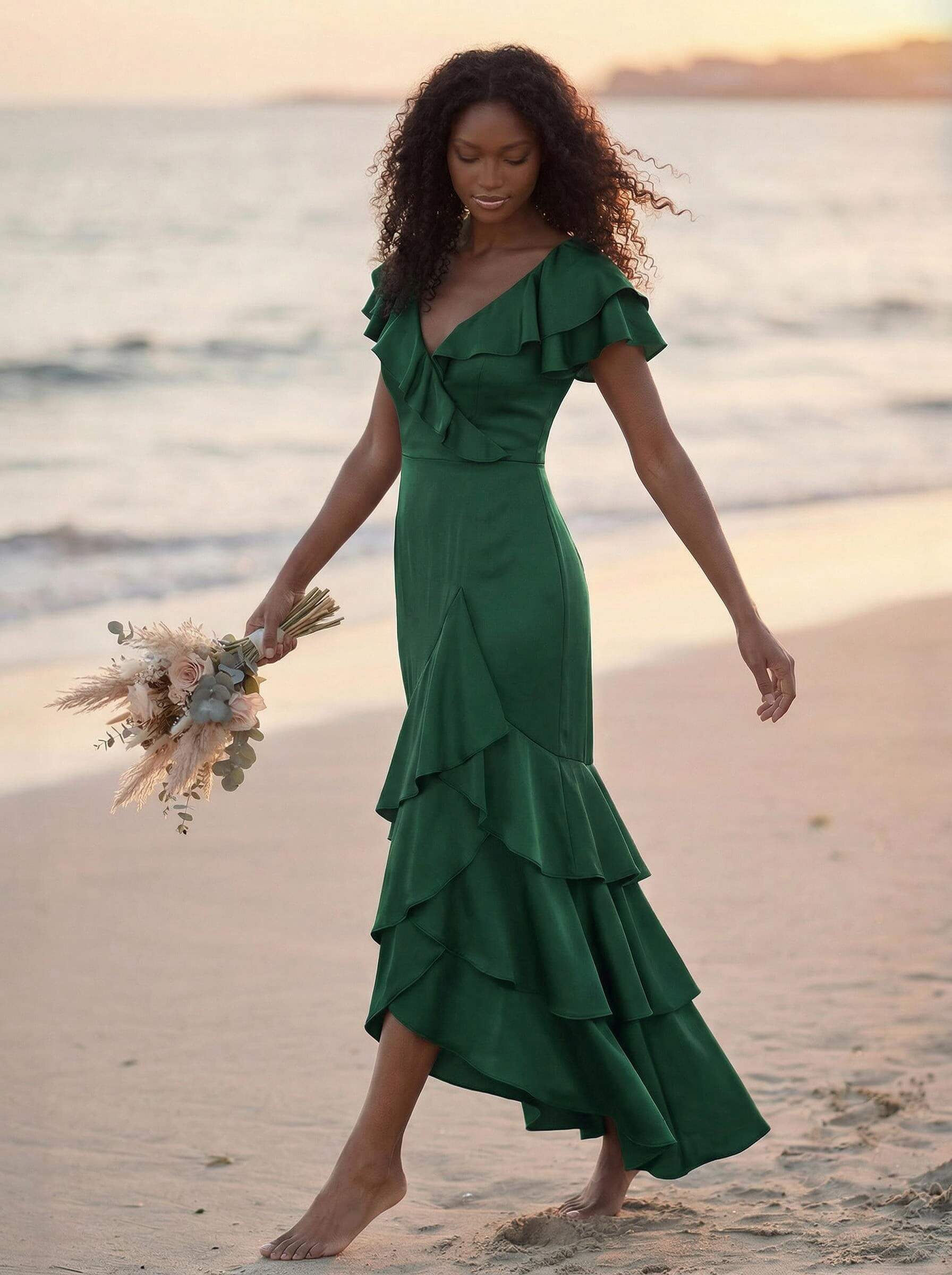 Trumpet/Mermaid V-Neck Short Sleeves Floor-Length Crepe Satin Bridesmaid Dresses