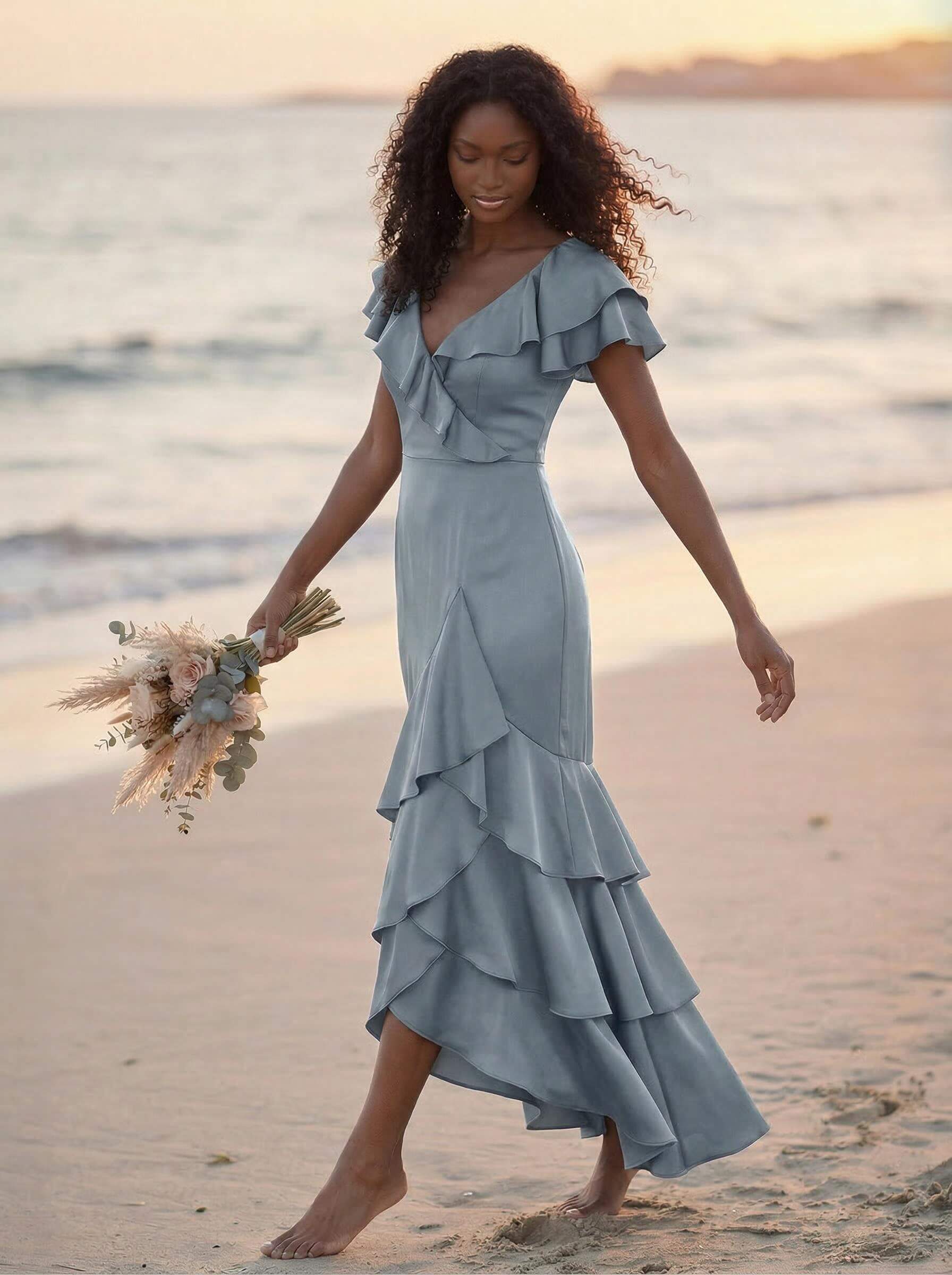 Trumpet/Mermaid V-Neck Short Sleeves Floor-Length Crepe Satin Bridesmaid Dresses