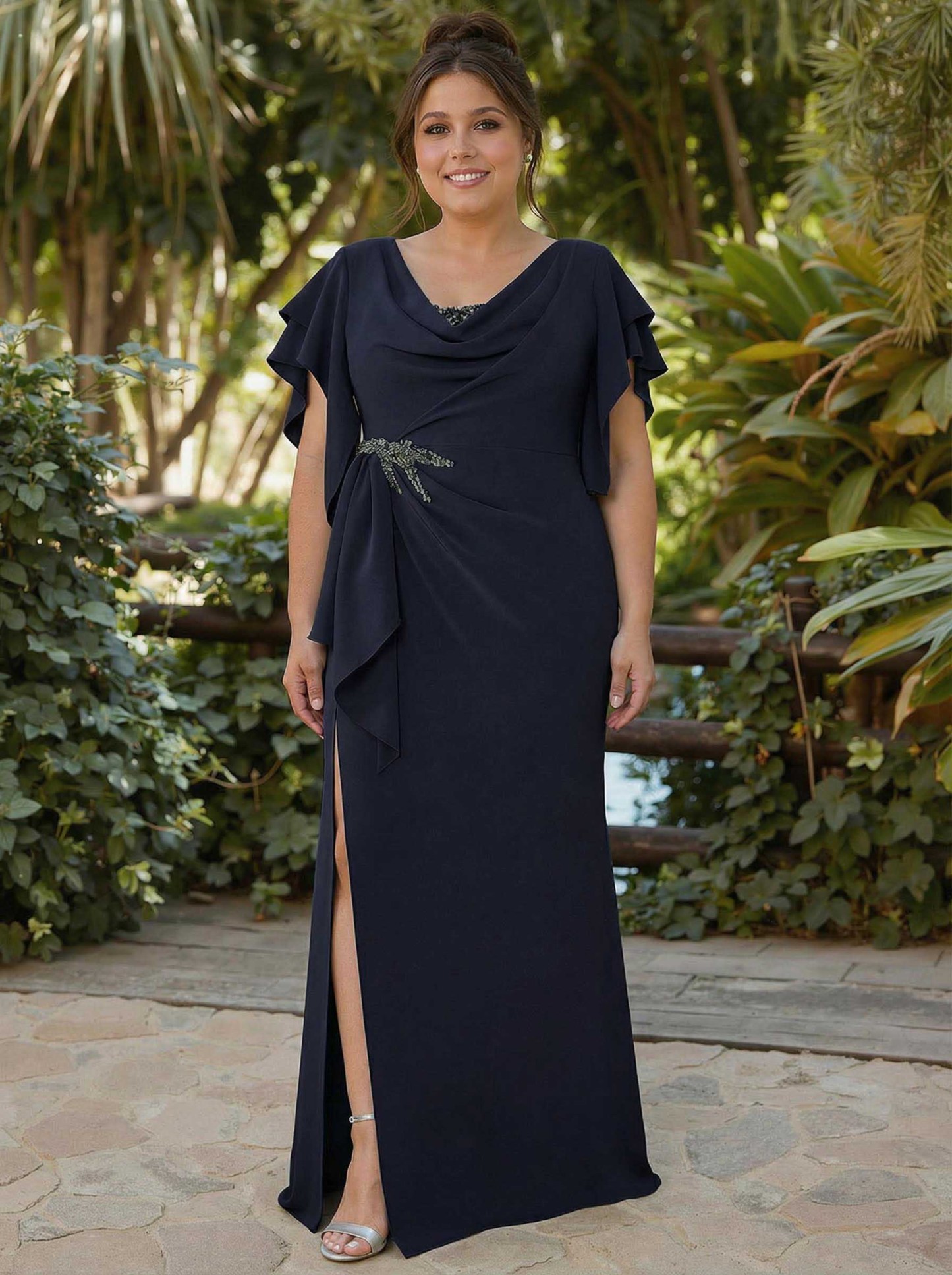 Sheath/Column Illusion Neck Cape Sleeves Floor-Length Elastic Satin Mother Of The Bride Dresses, product image 6