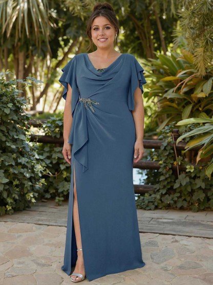 Sheath/Column Illusion Neck Cape Sleeves Floor-Length Elastic Satin Mother Of The Bride Dresses, product image 8