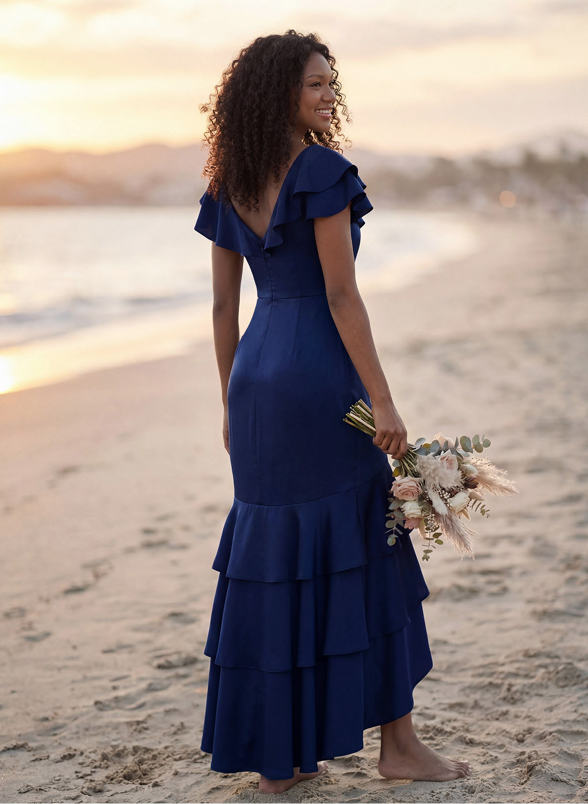 Trumpet/Mermaid V-Neck Short Sleeves Floor-Length Crepe Satin Bridesmaid Dresses