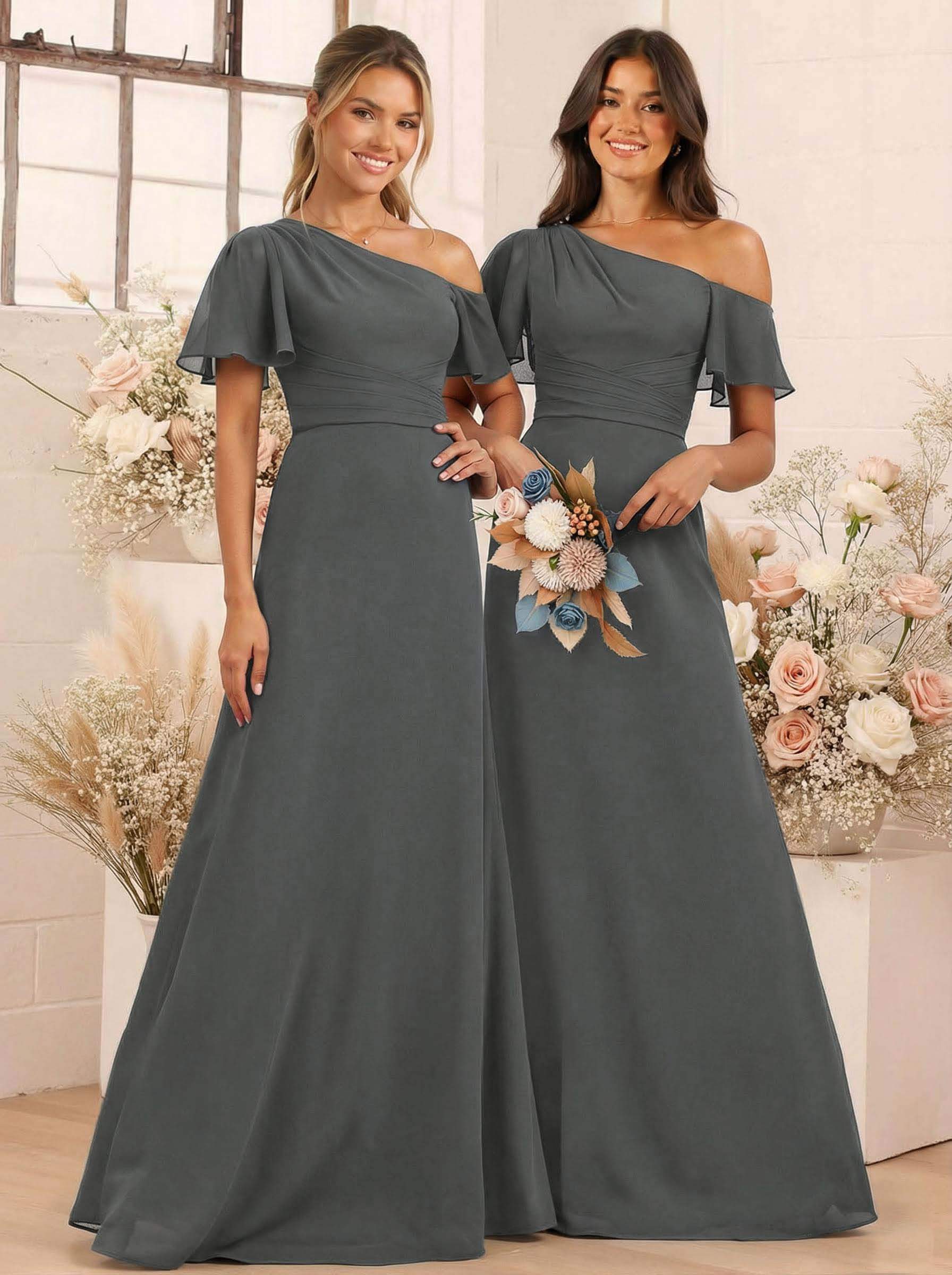 A-Line One-Shoulder Short Sleeves Floor-Length Chiffon Bridesmaid Dresses, product image 74