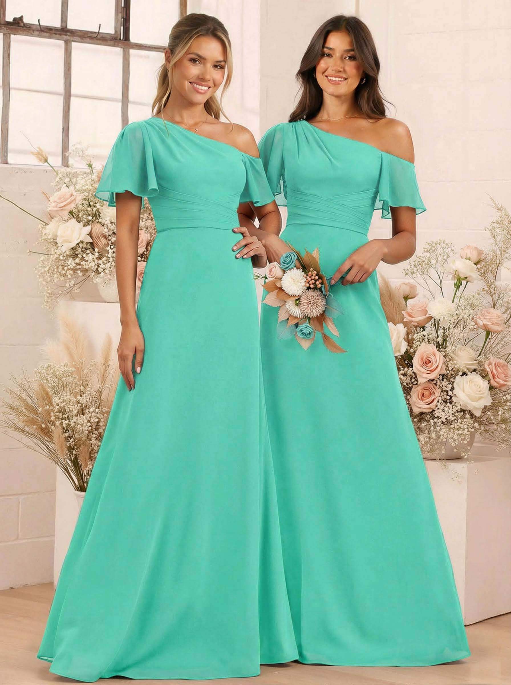 A-Line One-Shoulder Short Sleeves Floor-Length Chiffon Bridesmaid Dresses, product image 59