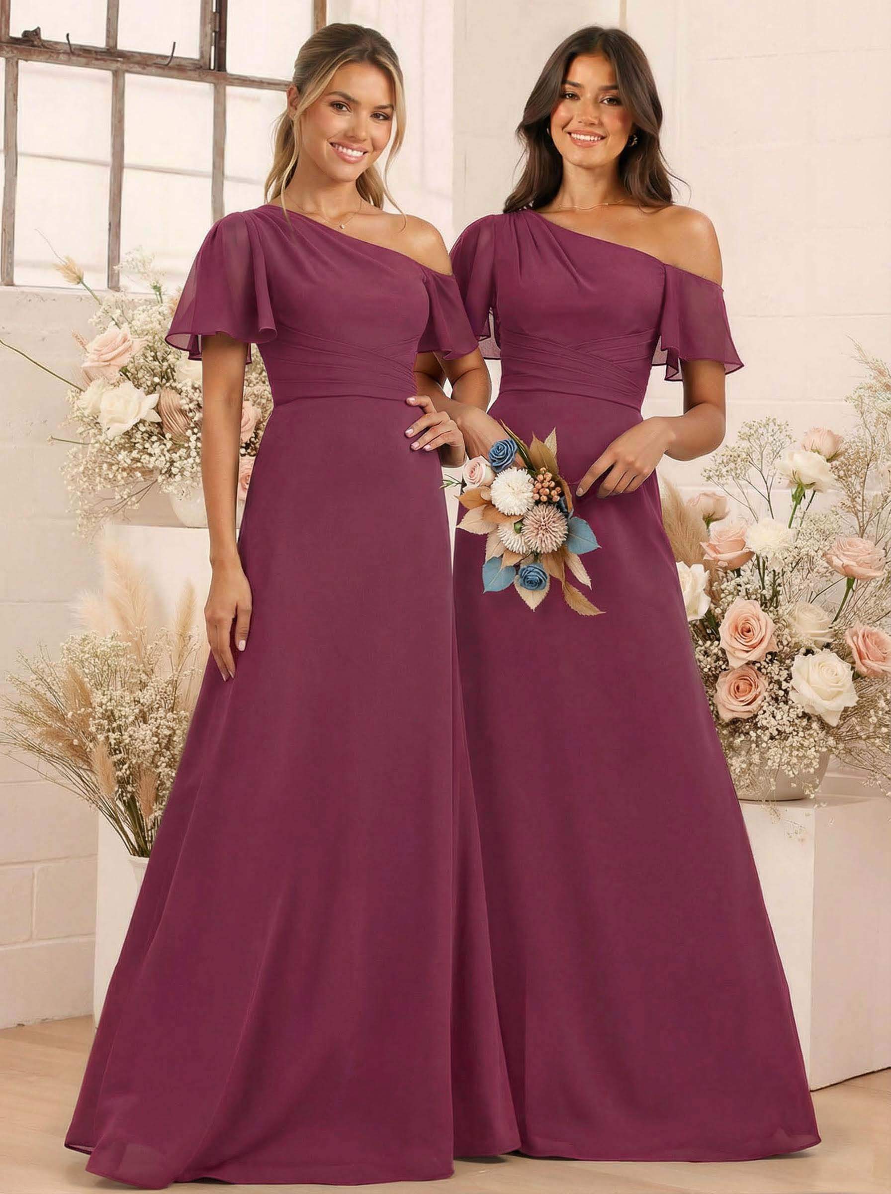 A-Line One-Shoulder Short Sleeves Floor-Length Chiffon Bridesmaid Dresses, product image 23