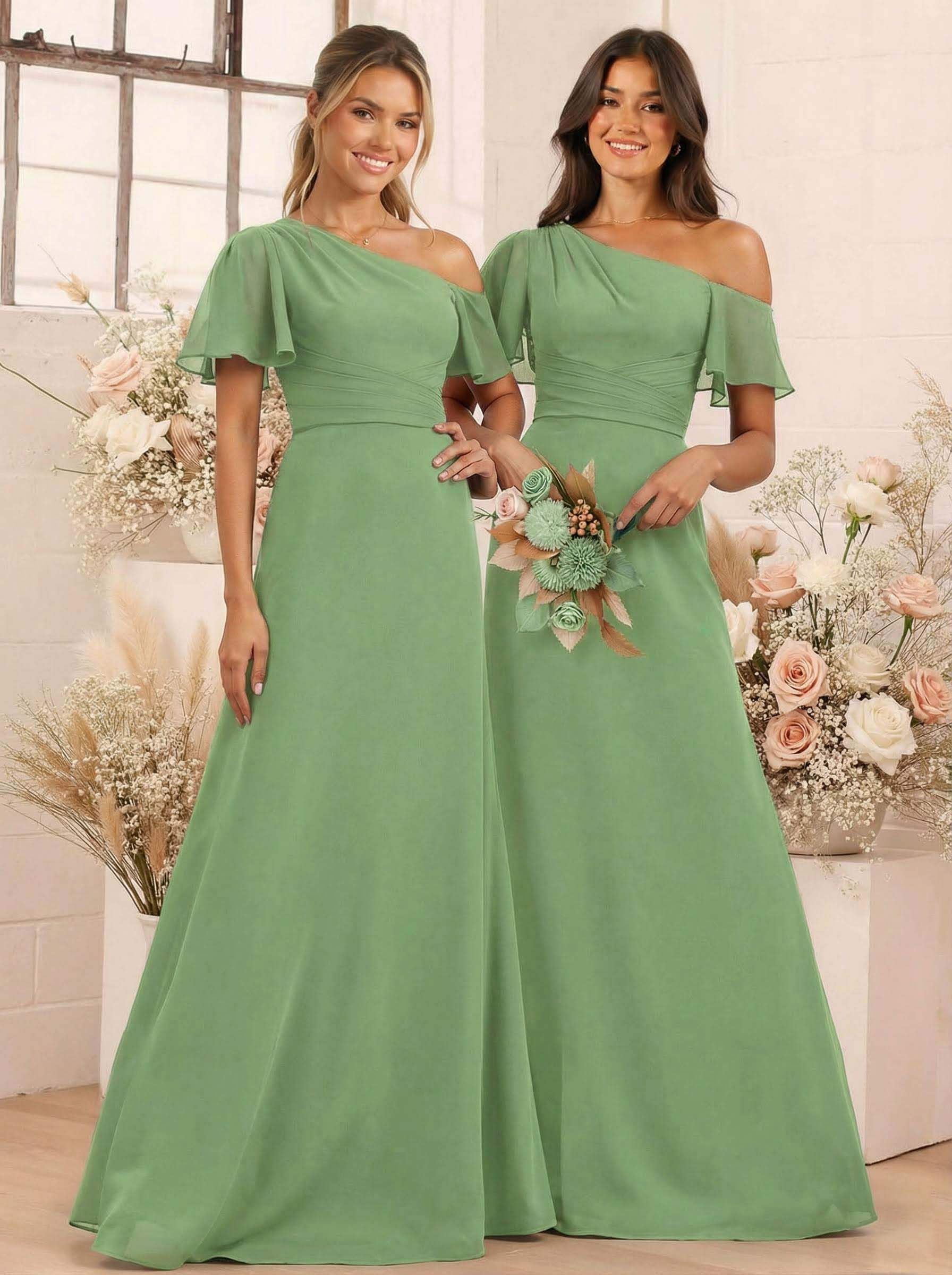 A-Line One-Shoulder Short Sleeves Floor-Length Chiffon Bridesmaid Dresses, product image 86