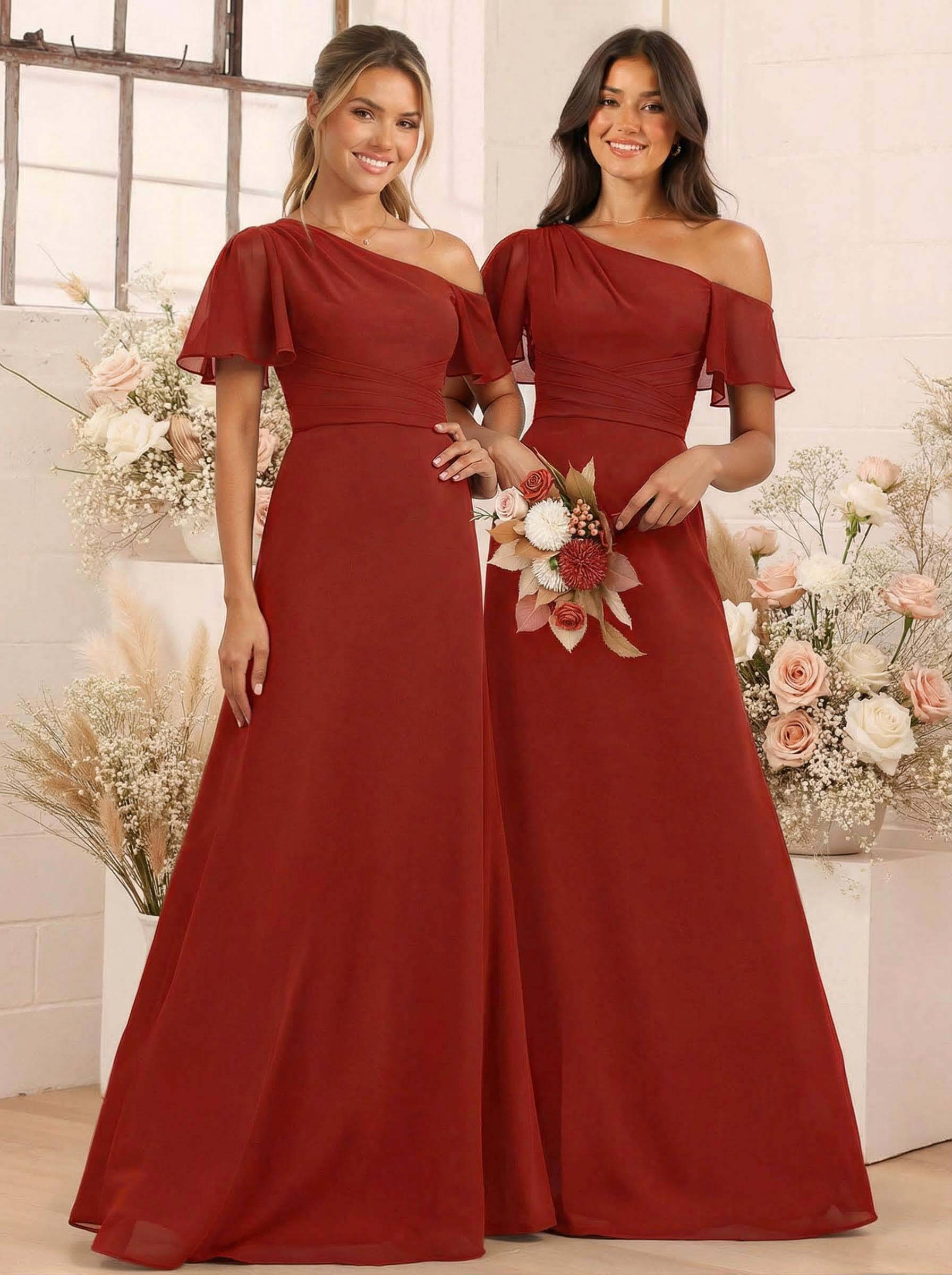 A-Line One-Shoulder Short Sleeves Floor-Length Chiffon Bridesmaid Dresses, product image 25