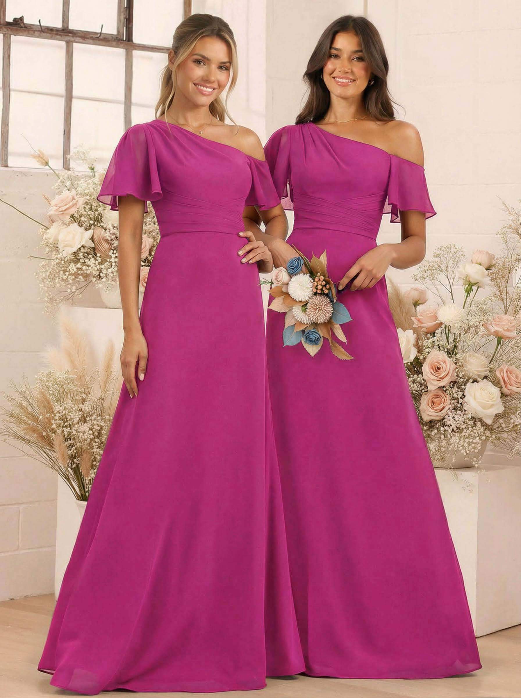 A-Line One-Shoulder Short Sleeves Floor-Length Chiffon Bridesmaid Dresses, product image 48