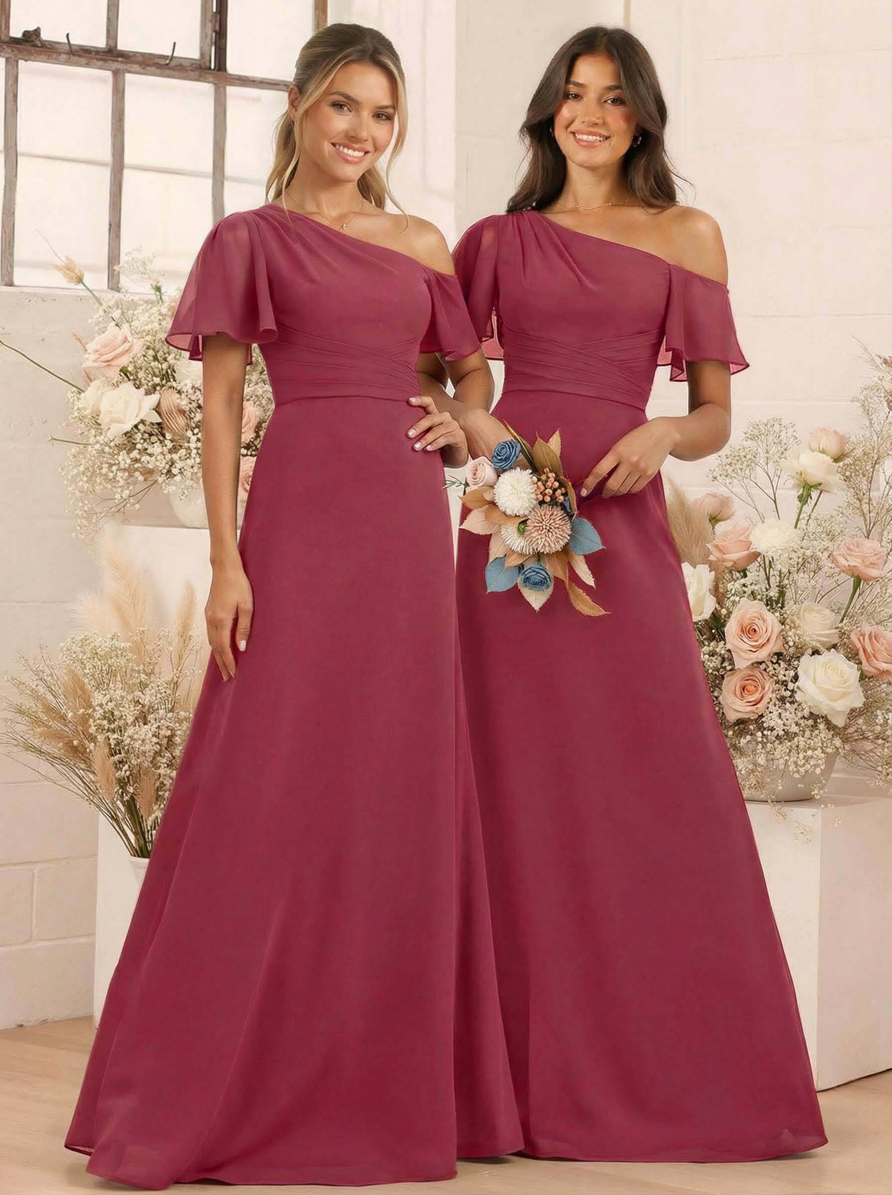 A-Line One-Shoulder Short Sleeves Floor-Length Chiffon Bridesmaid Dresses, product image 22