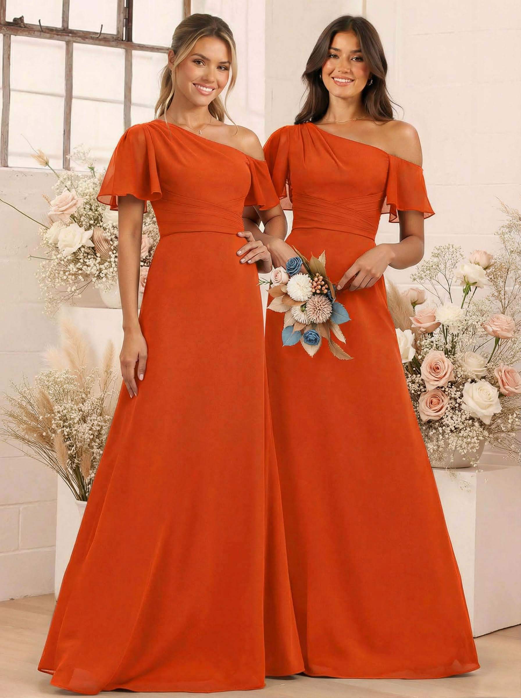 A-Line One-Shoulder Short Sleeves Floor-Length Chiffon Bridesmaid Dresses, product image 80