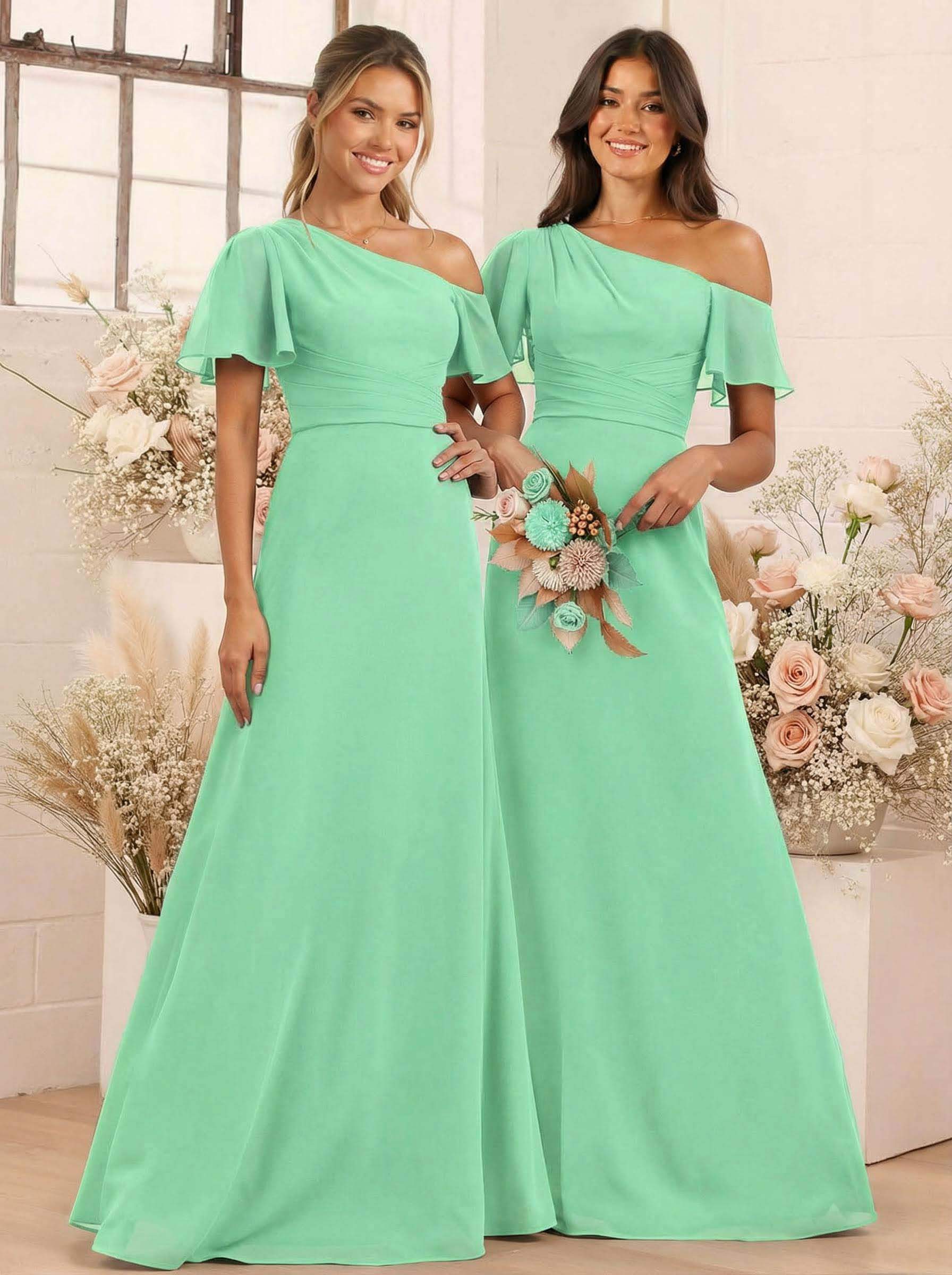 A-Line One-Shoulder Short Sleeves Floor-Length Chiffon Bridesmaid Dresses, product image 57