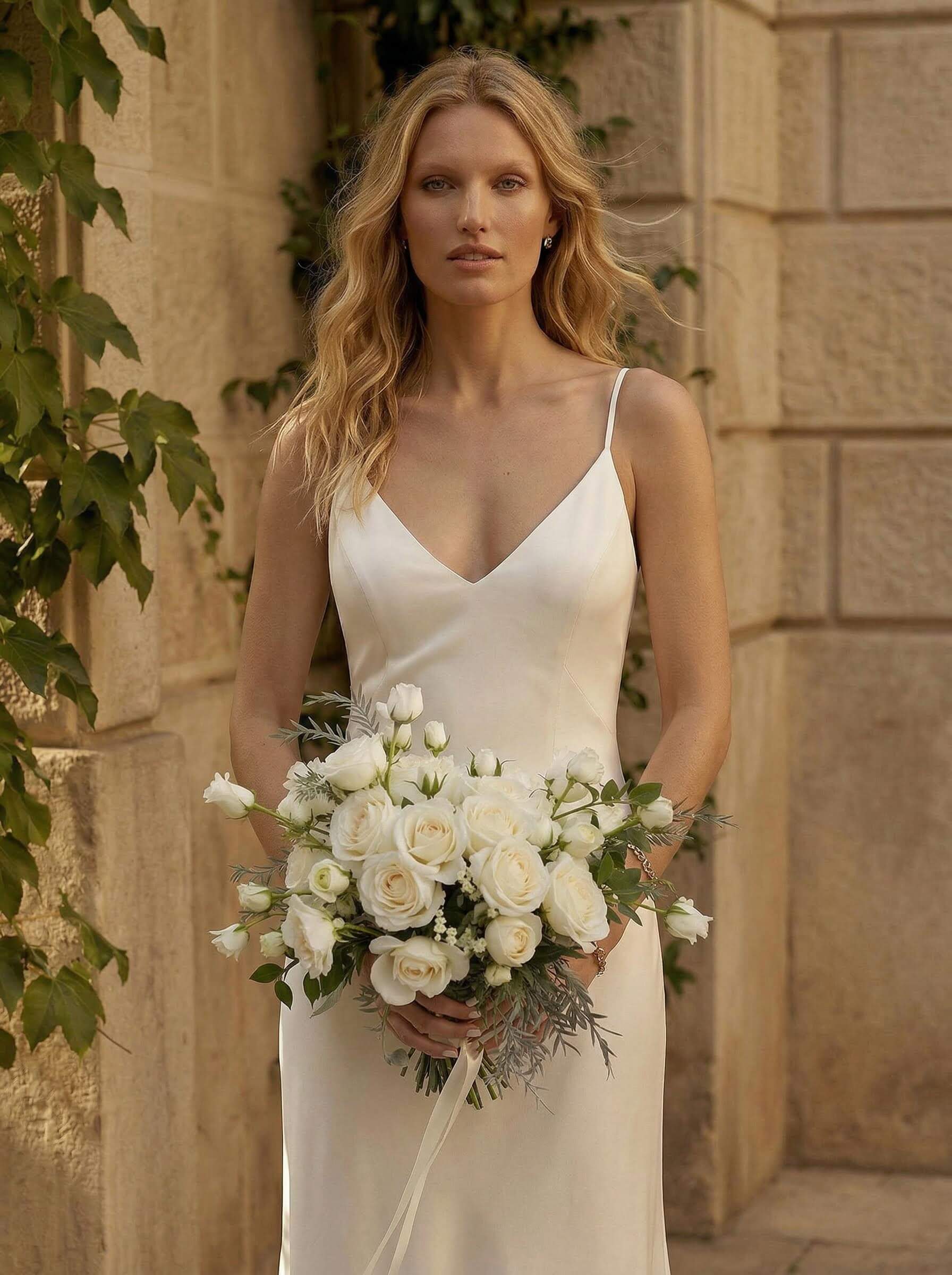 Simple Boho Backless V-Neck Wedding Dresses With Elastic Satin, image 2
