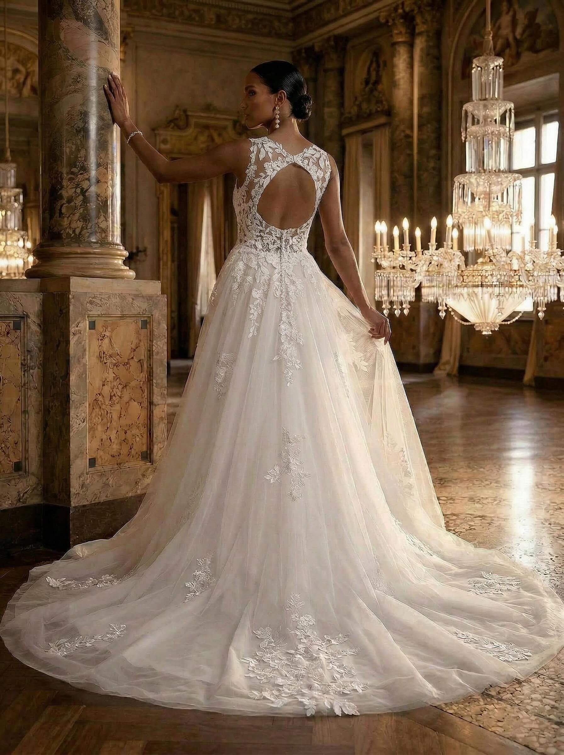 A-Line V-Neck Sleeveless Tulle Plus Size Wedding Dresses With Appliques Lace/Back Hole, product image 3