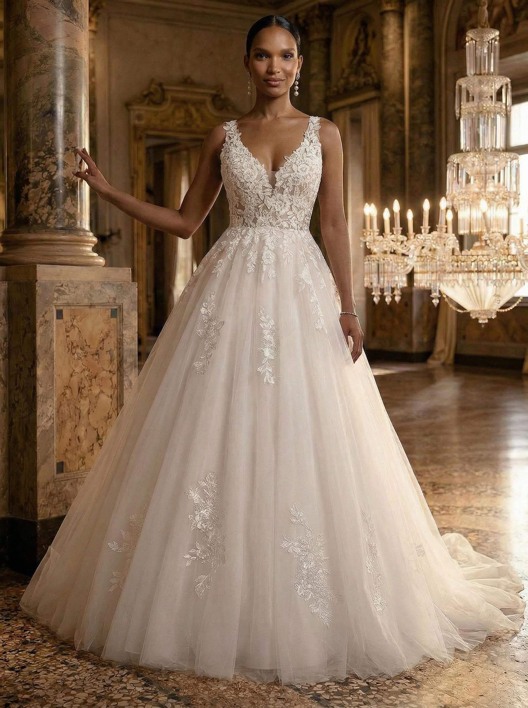 A-Line V-Neck Sleeveless Tulle Plus Size Wedding Dresses With Appliques Lace/Back Hole in Ivory, US2