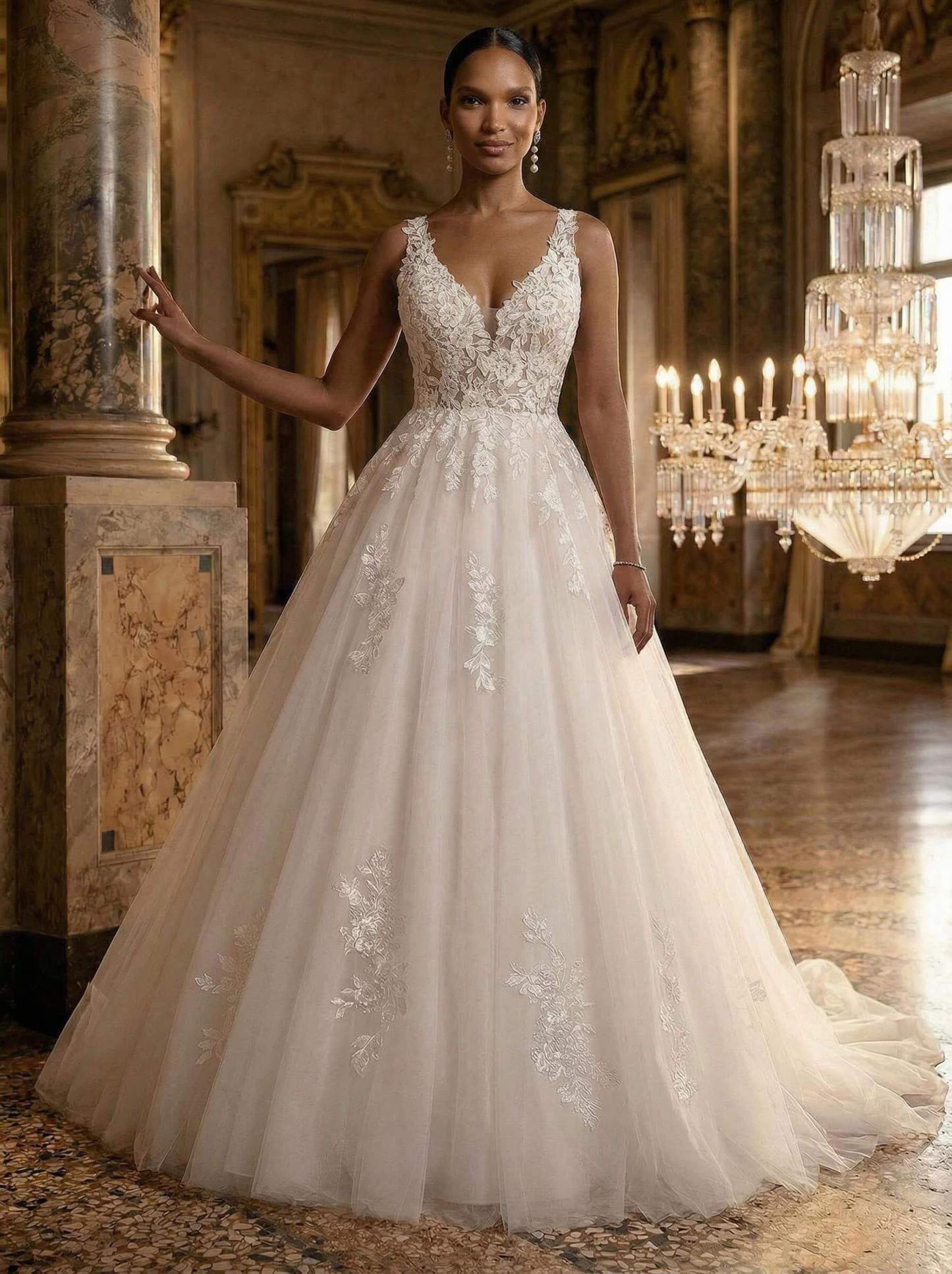 A-Line V-Neck Sleeveless Tulle Plus Size Wedding Dresses With Appliques Lace/Back Hole in Ivory, US2