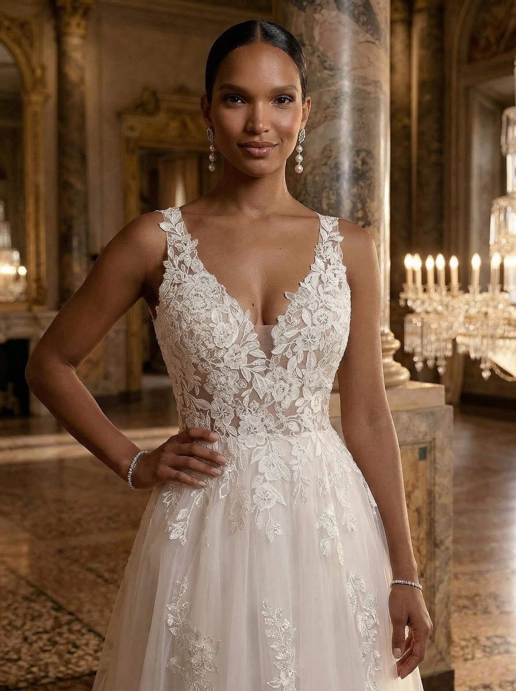 A-Line V-Neck Sleeveless Tulle Plus Size Wedding Dresses With Appliques Lace/Back Hole, product image 2