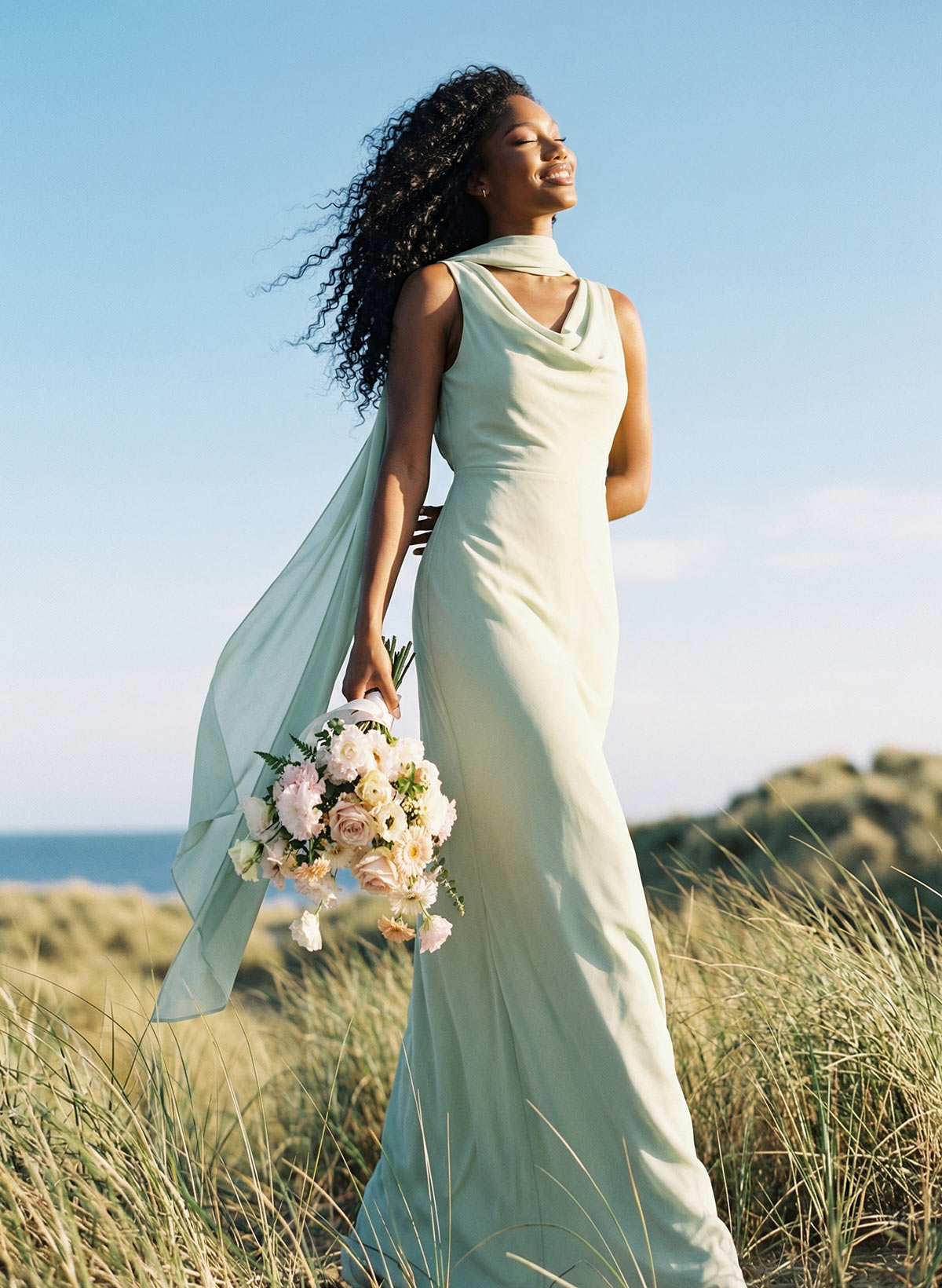 Elegant Sheath/Column Cowl Neck Sleeveless Floor-Length Chiffon Bridesmaid Dresses in Celadon, US2