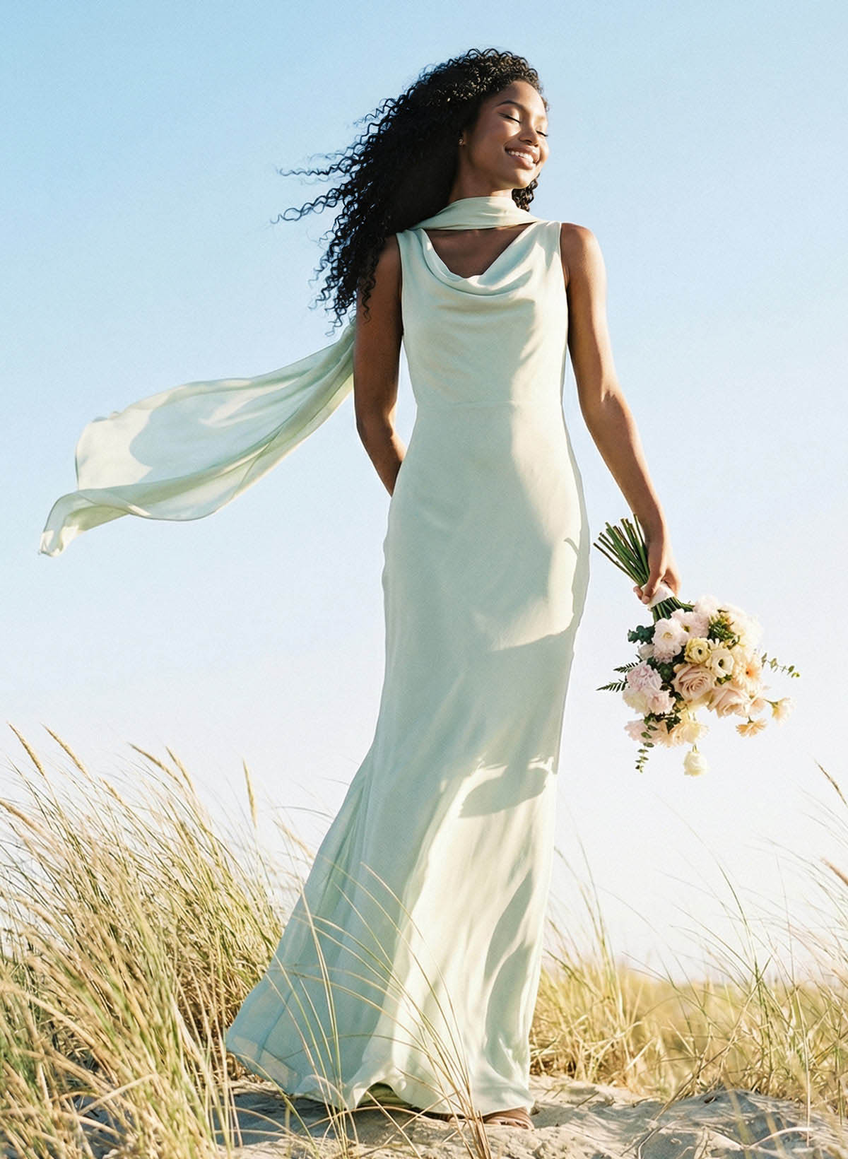 Elegant Sheath/Column Cowl Neck Sleeveless Floor-Length Chiffon Bridesmaid Dresses, product image 2