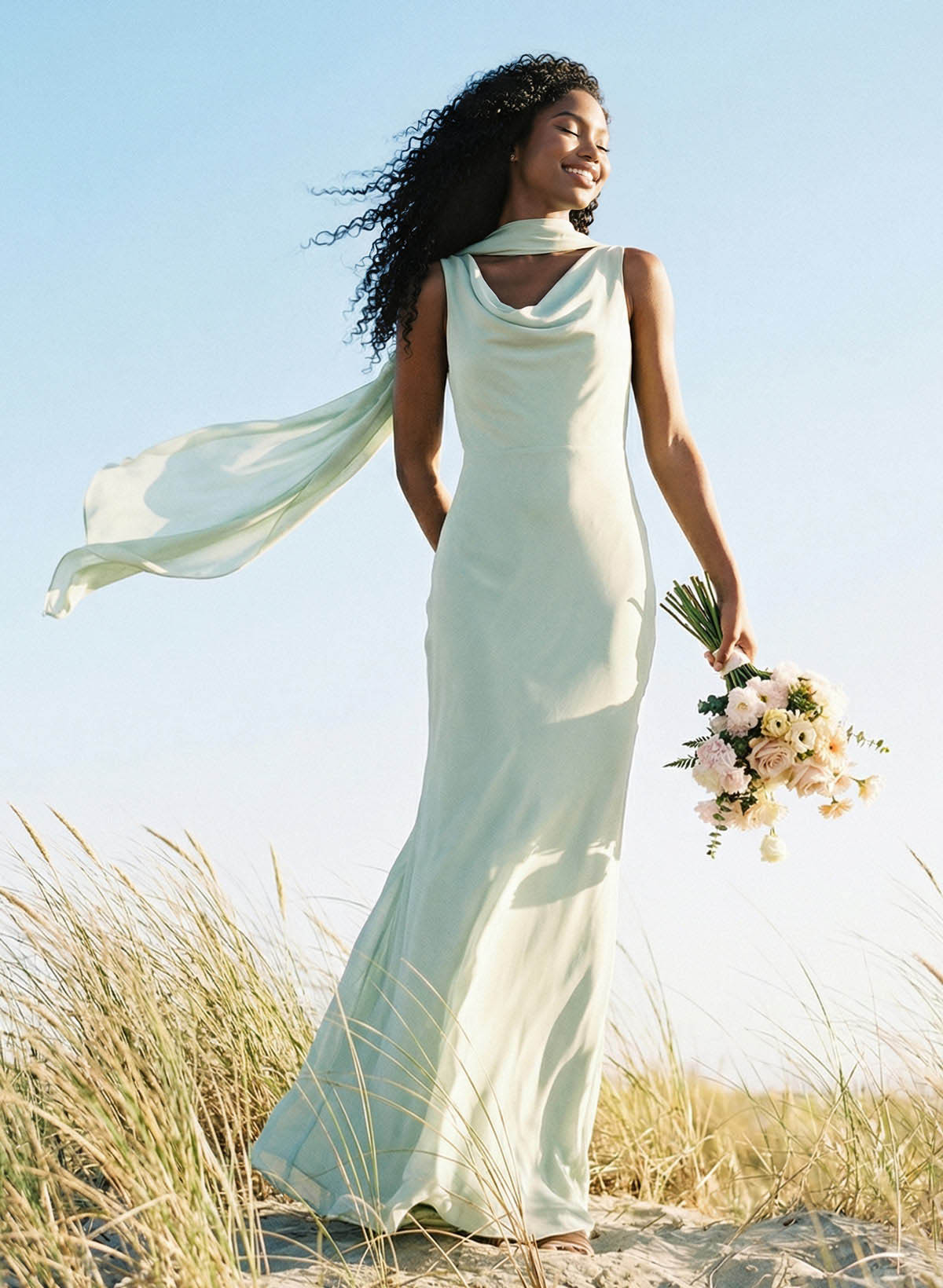 Elegant Sheath/Column Cowl Neck Sleeveless Floor-Length Chiffon Bridesmaid Dresses, product image 2