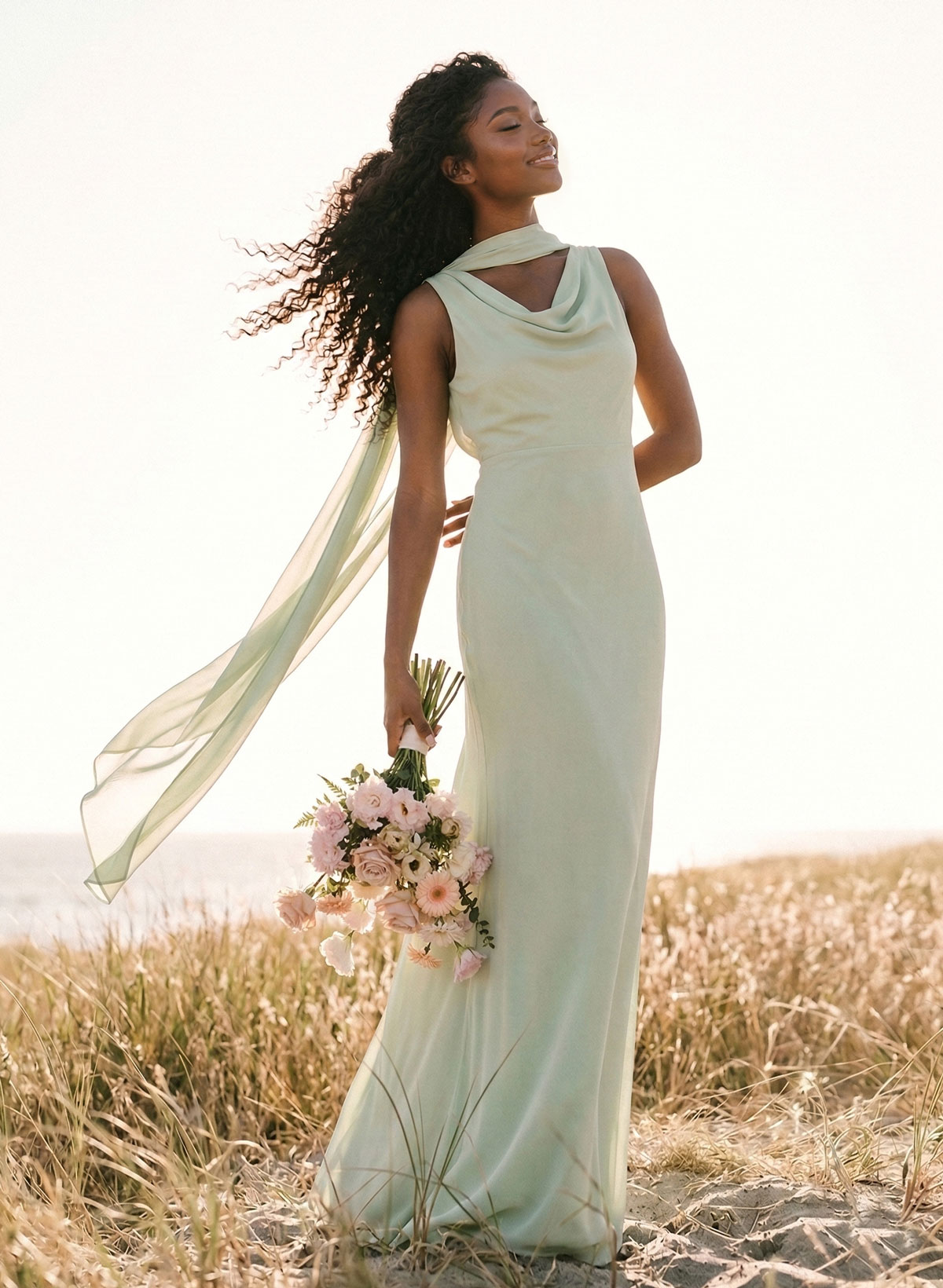 Elegant Sheath/Column Cowl Neck Sleeveless Floor-Length Chiffon Bridesmaid Dresses, product image 3