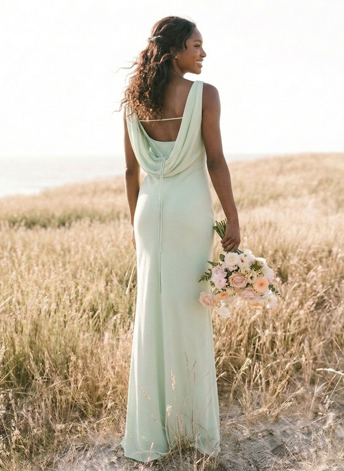 Elegant Sheath/Column Cowl Neck Sleeveless Floor-Length Chiffon Bridesmaid Dresses, product image 4