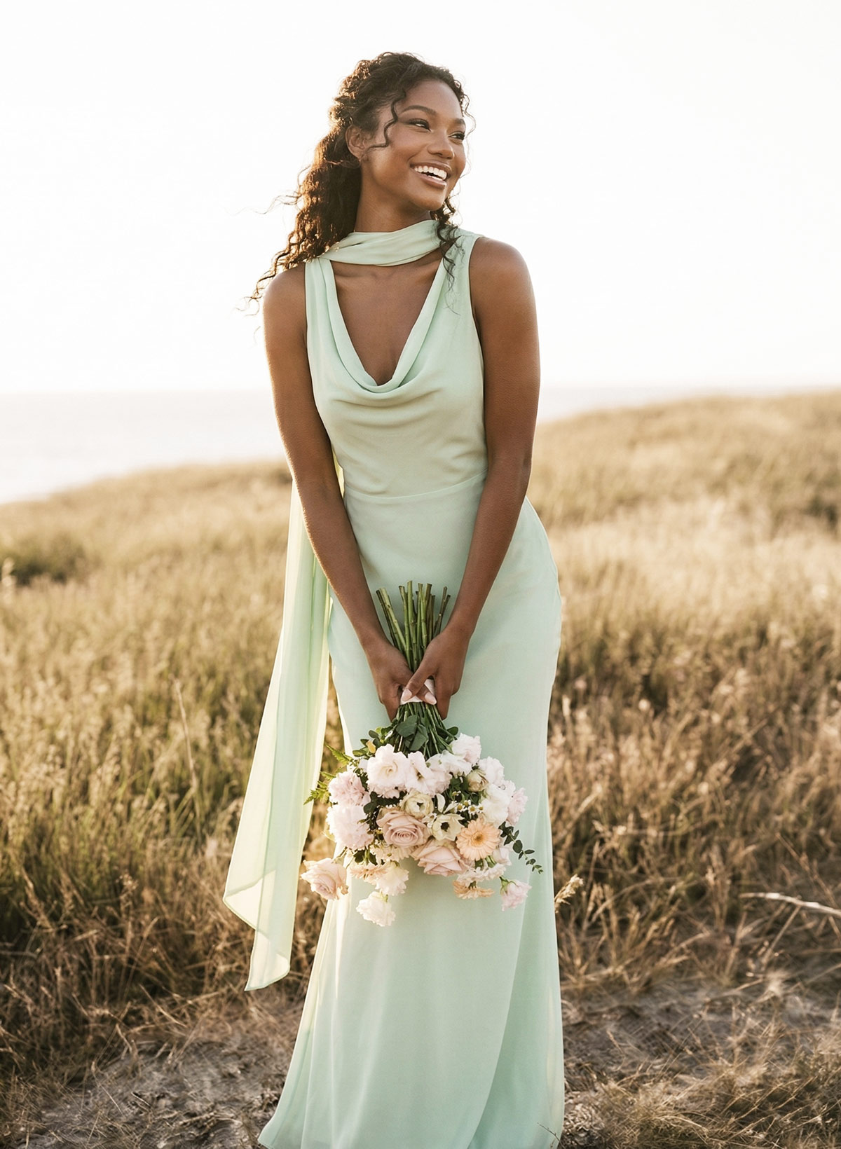 Elegant Sheath/Column Cowl Neck Sleeveless Floor-Length Chiffon Bridesmaid Dresses, product image 5