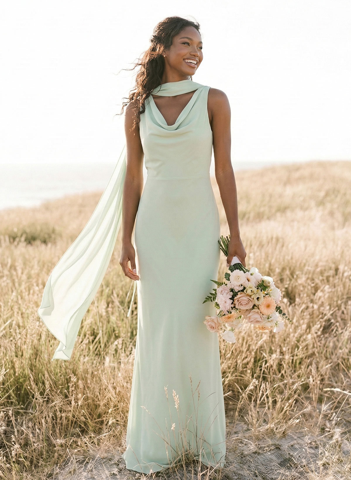 Elegant Sheath/Column Cowl Neck Sleeveless Floor-Length Chiffon Bridesmaid Dresses, product image 7