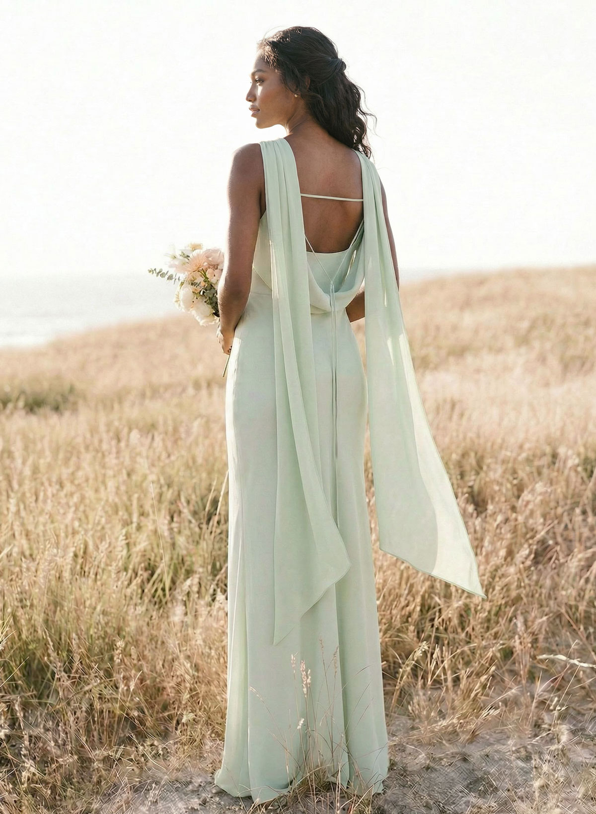 Elegant Sheath/Column Cowl Neck Sleeveless Floor-Length Chiffon Bridesmaid Dresses, product image 8