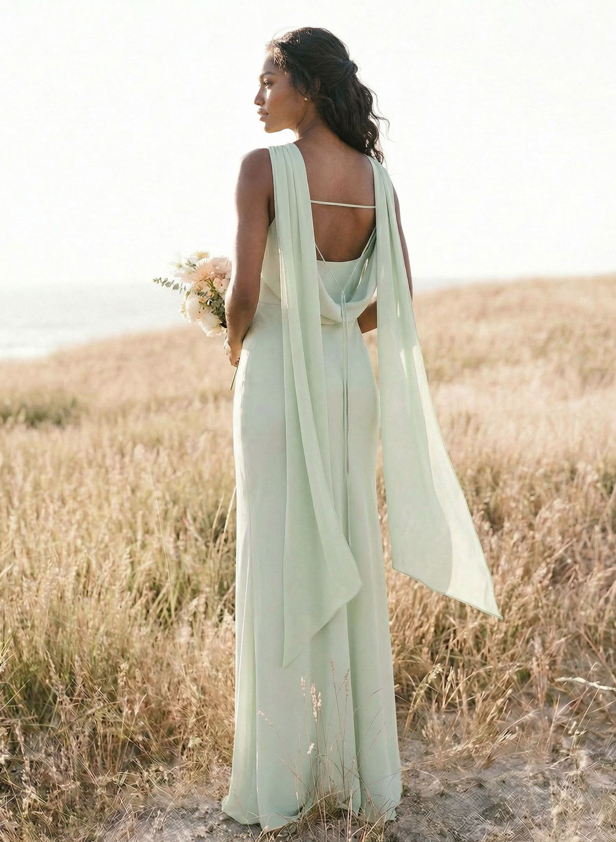 Elegant Sheath/Column Cowl Neck Sleeveless Floor-Length Chiffon Bridesmaid Dresses, product image 8