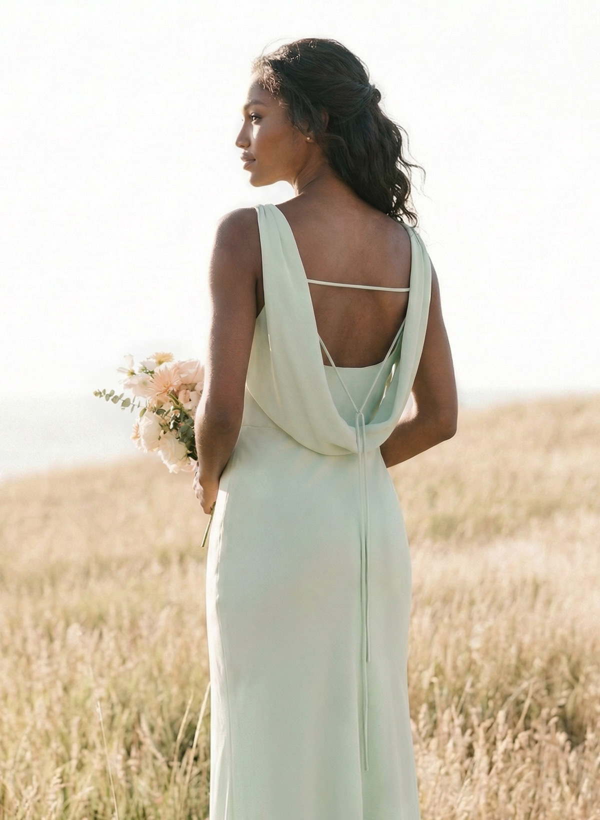 Elegant Sheath/Column Cowl Neck Sleeveless Floor-Length Chiffon Bridesmaid Dresses, product image 6