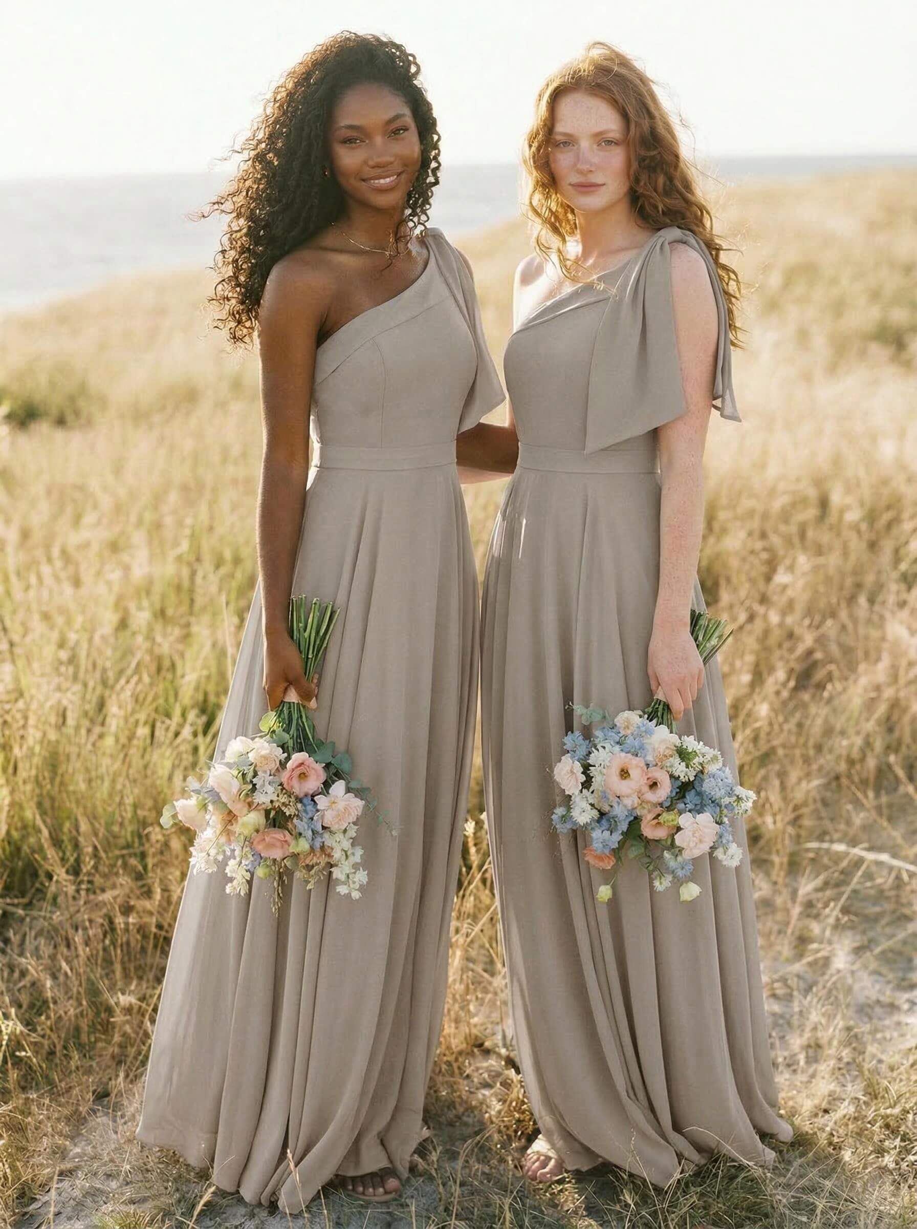 A-Line One-Shoulder Sleeveless Floor-Length Chiffon Bridesmaid Dresses With Bow(s)/Pockets, product image 124